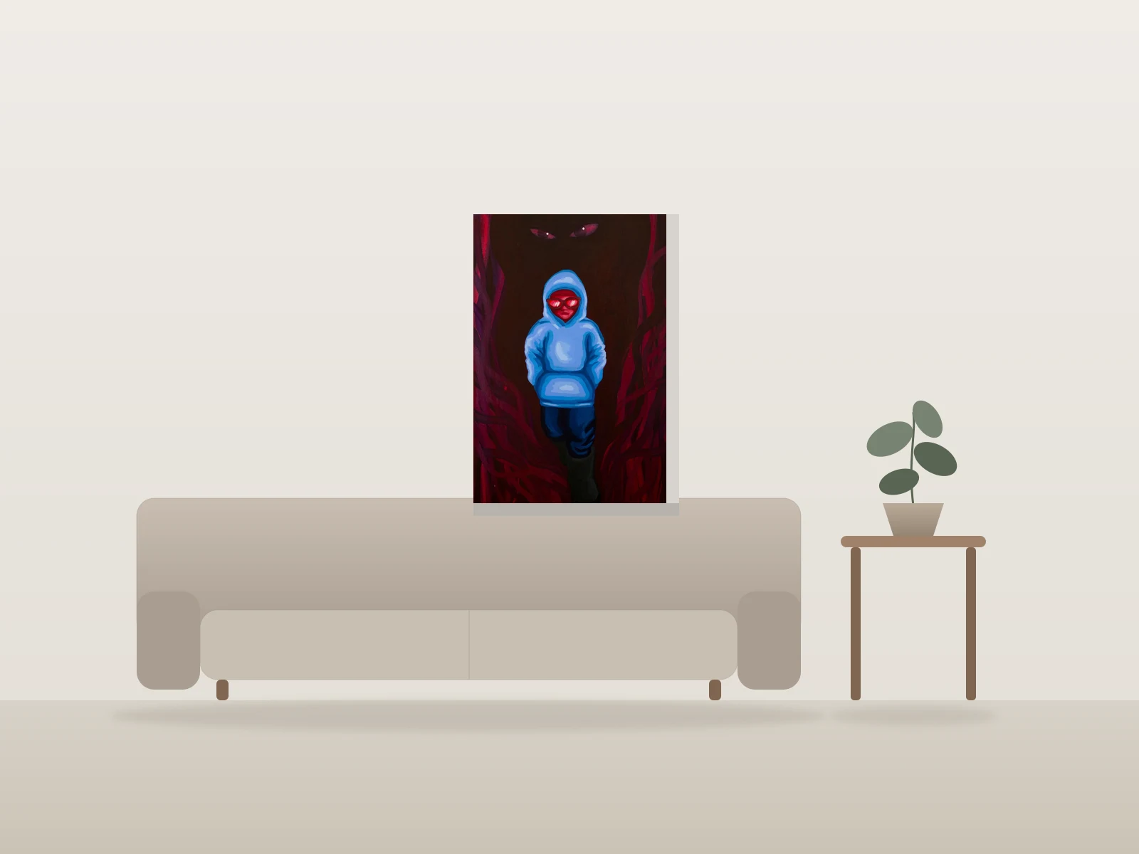 Figure en sweat à capuche bleue par Muddy aka @MahmudTheMedium présentée à l'échelle dans une pièce