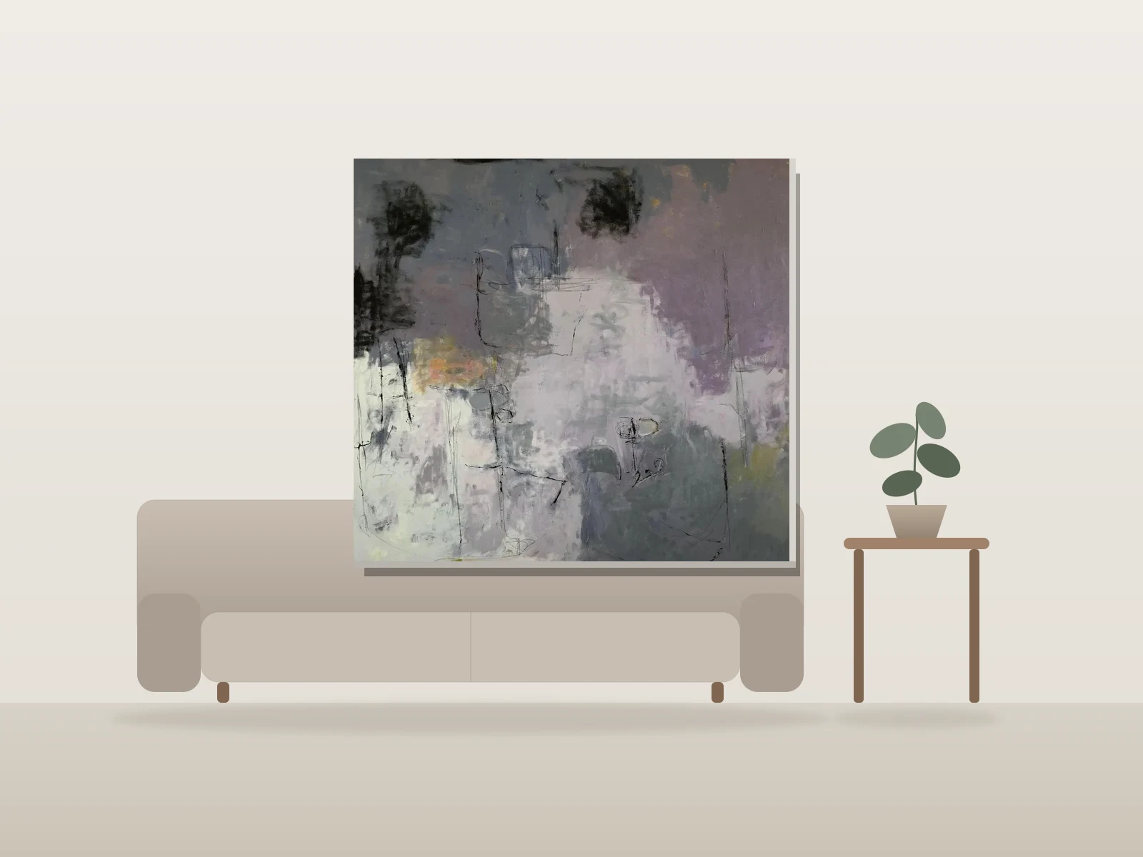 Composition abstraite en gris et violet par Marilyn J Fox présentée à l'échelle dans une pièce