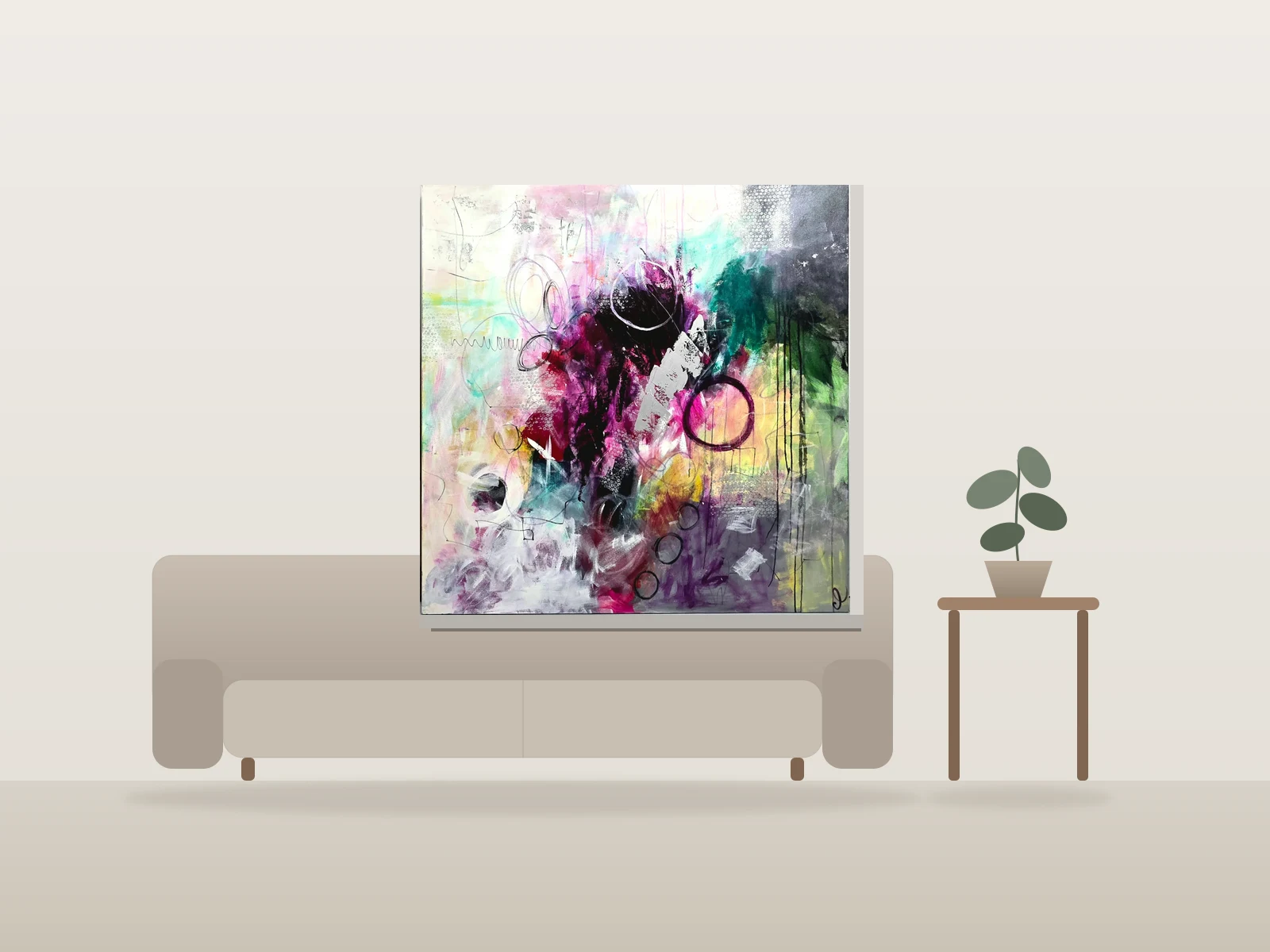 Composition abstraite colorée par Cheri Loeb Art présentée à l'échelle dans une pièce
