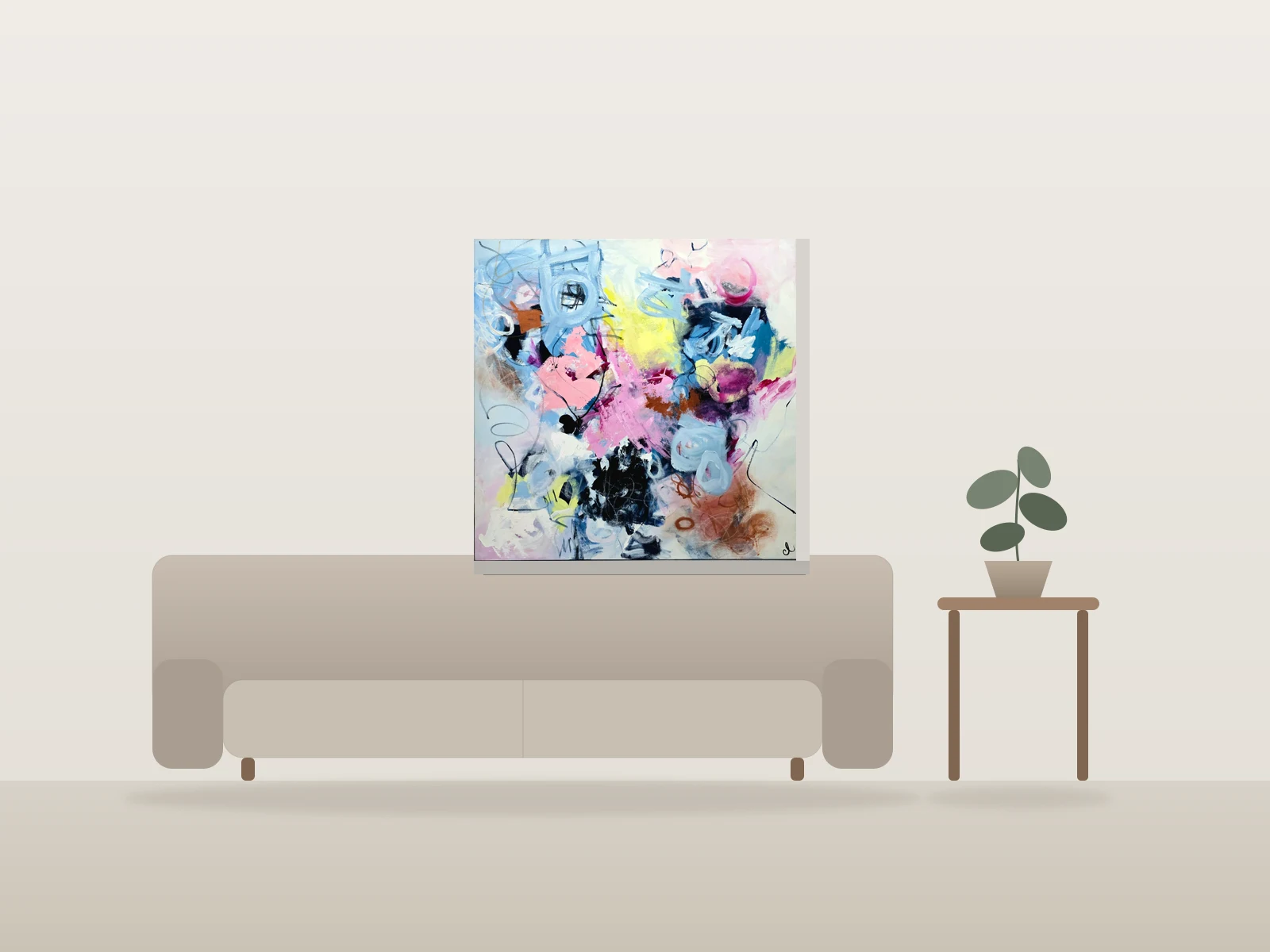 Composition abstraite colorée par Cheri Loeb Art présentée à l'échelle dans une pièce