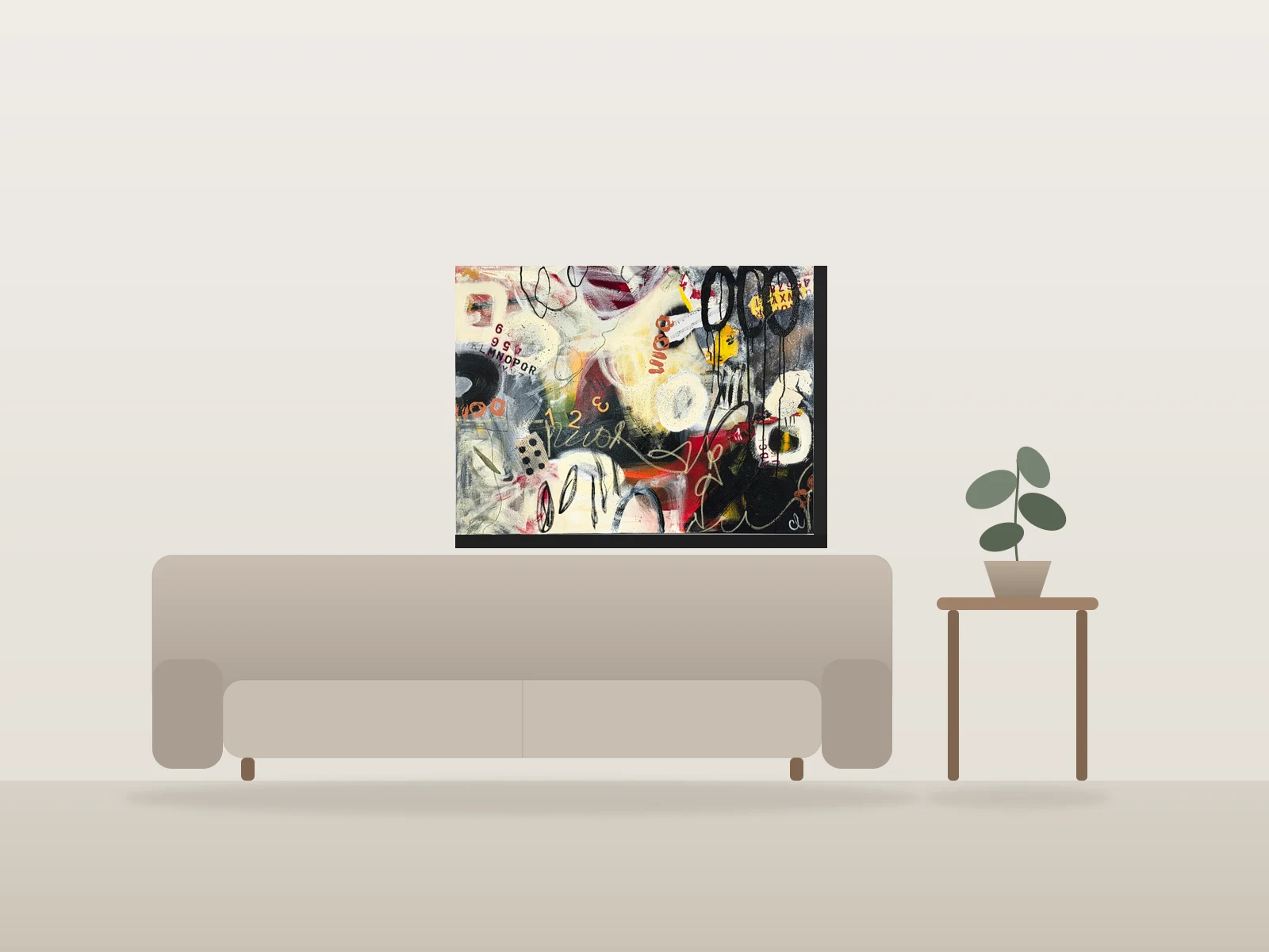 Composition rythmée par Cheri Loeb Art présentée à l'échelle dans une pièce