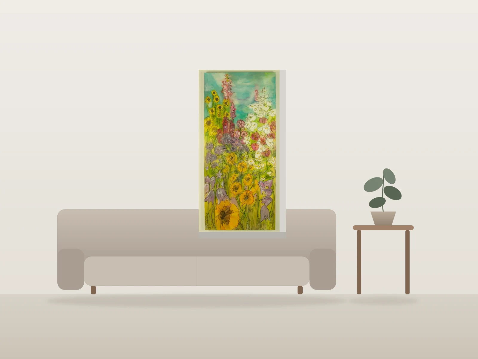 À fleurs de pensées II par Tina HL présentée à l'échelle dans une pièce