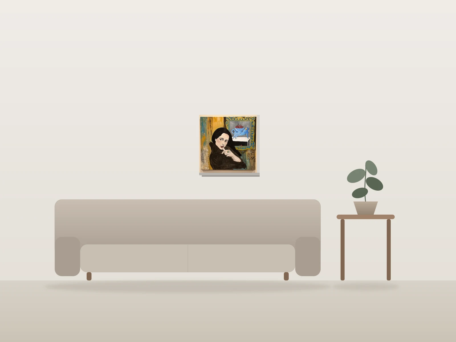 Femme au pull et nature morte par Cefora G Rubin présentée à l'échelle dans une pièce