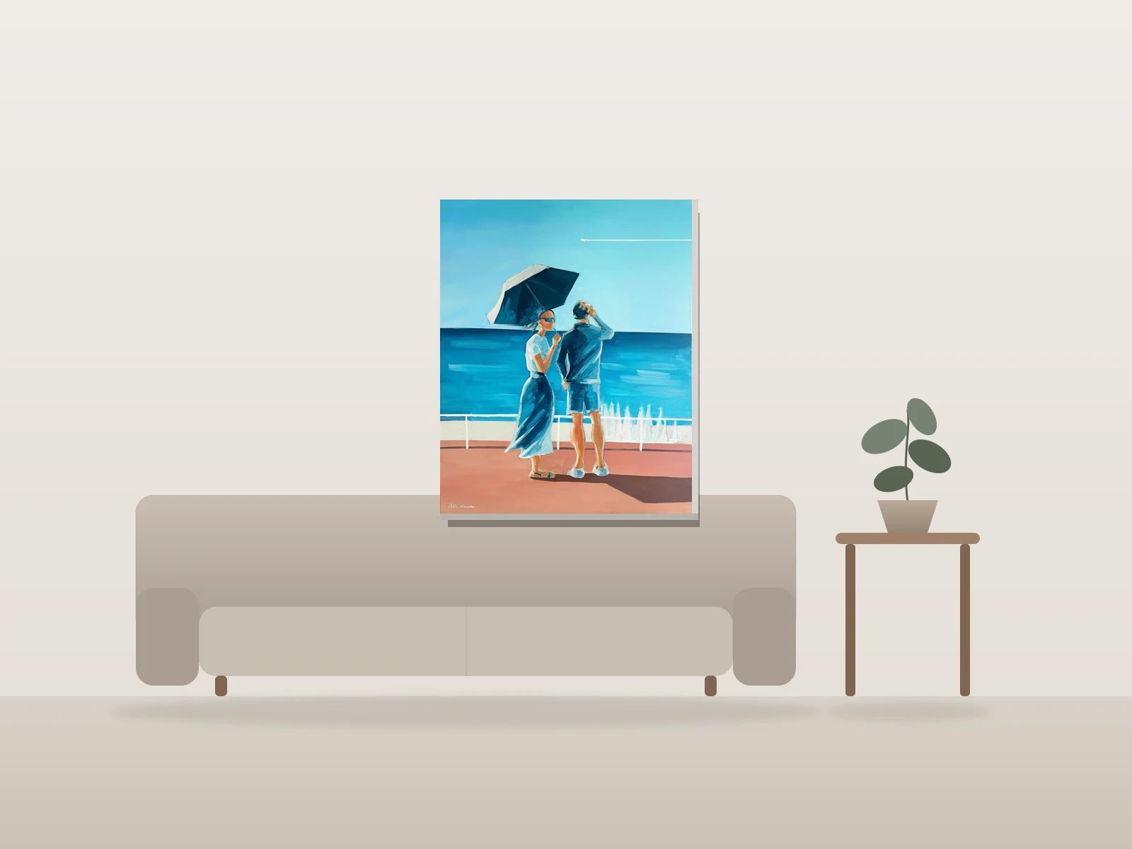 Contemplation au Bord de Mer par Alex Nereuta présentée à l'échelle dans une pièce