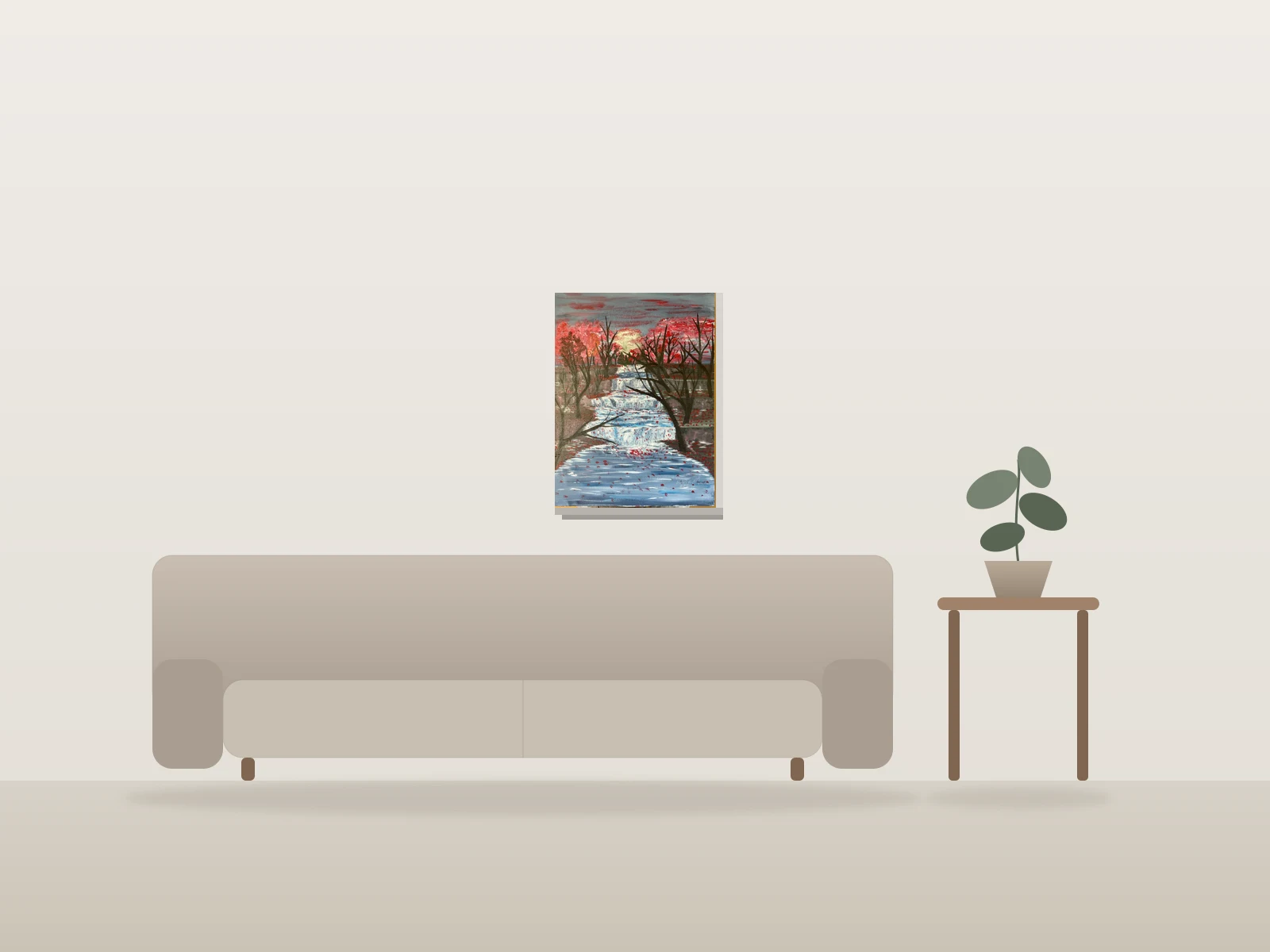 Cascade aux feuilles rouges by Kendell Hollier shown to scale in a room
