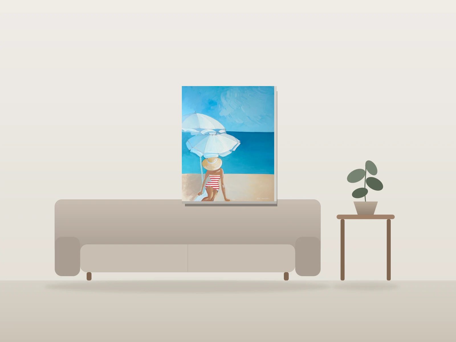 Femme sous parasols à la plage par Alex Nereuta présentée à l'échelle dans une pièce