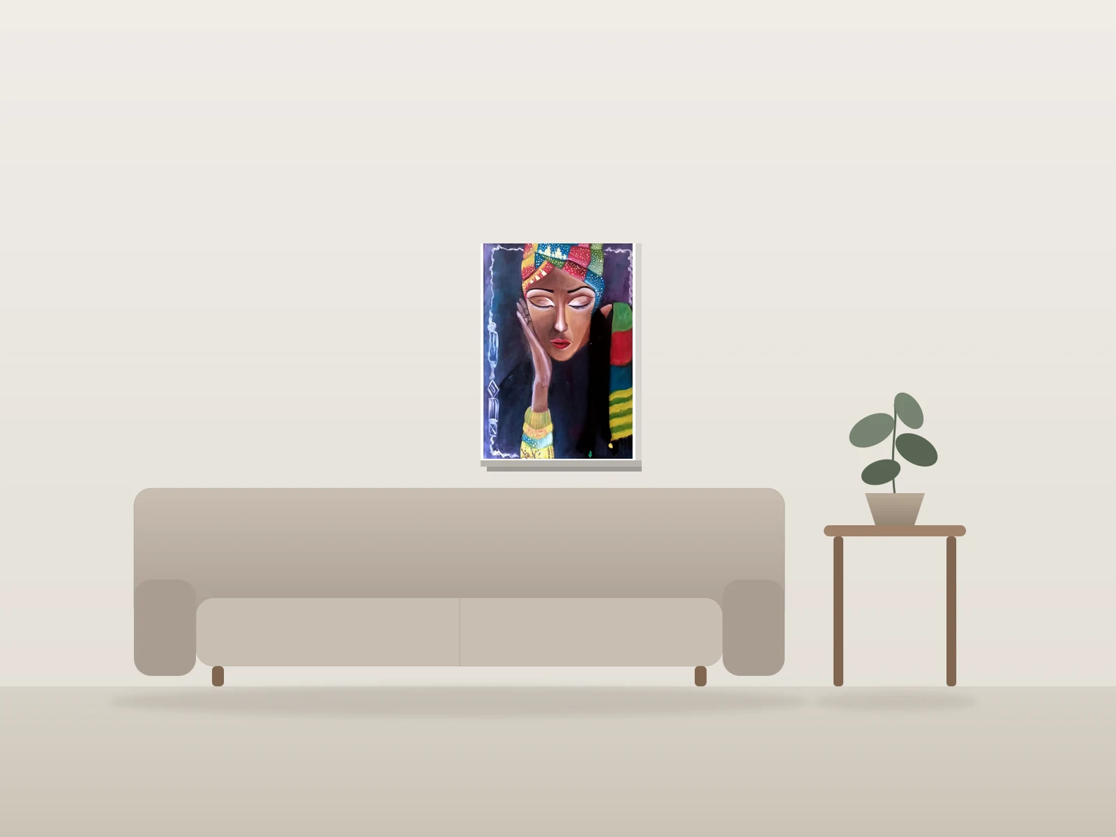 Portrait au foulard coloré par Manna présentée à l'échelle dans une pièce