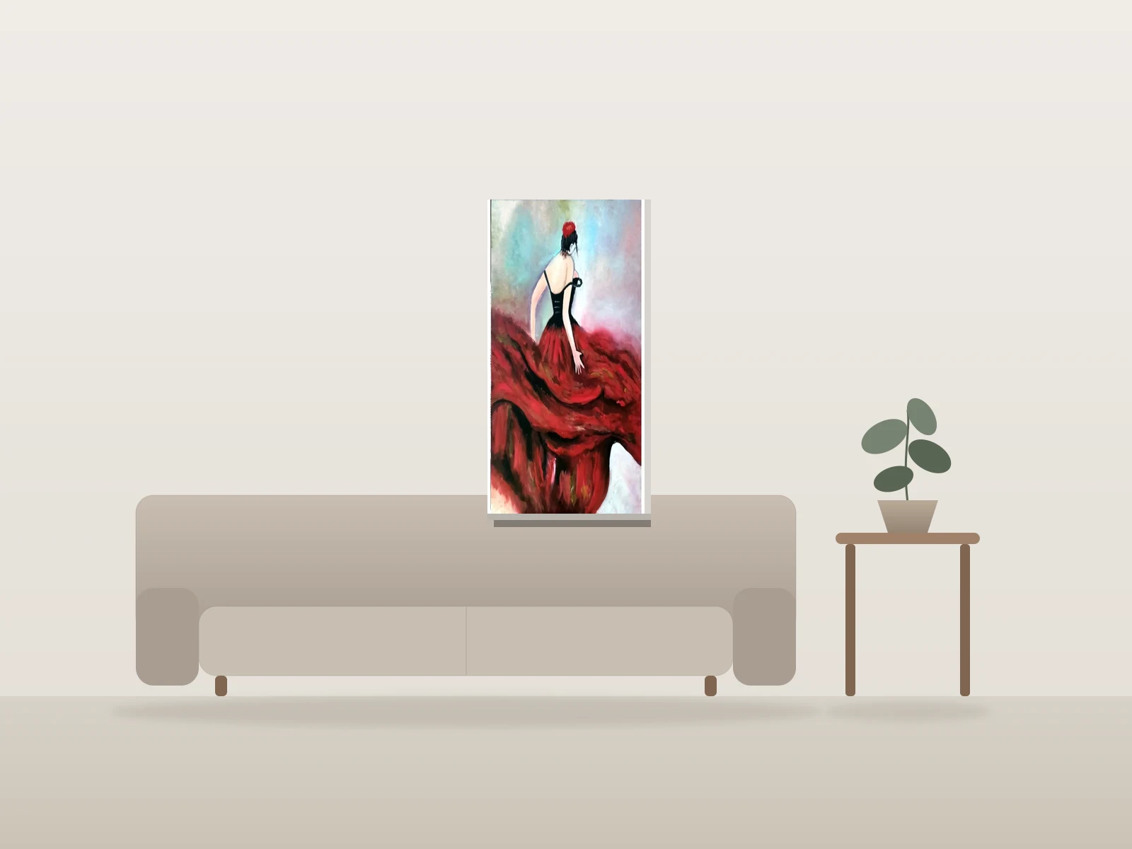 Danseuse en robe rouge par Manna présentée à l'échelle dans une pièce