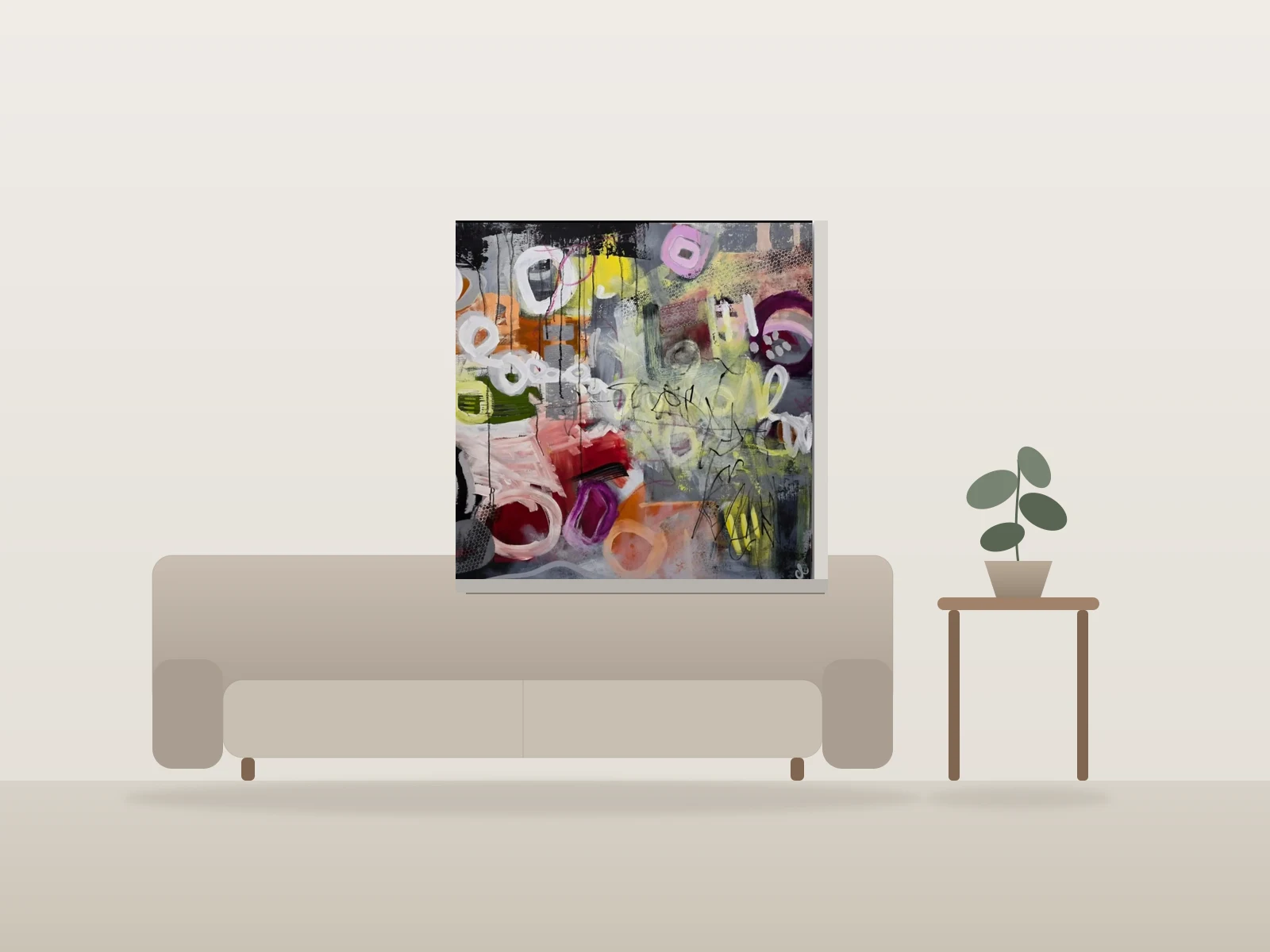 Composition abstraite colorée par Cheri Loeb Art présentée à l'échelle dans une pièce