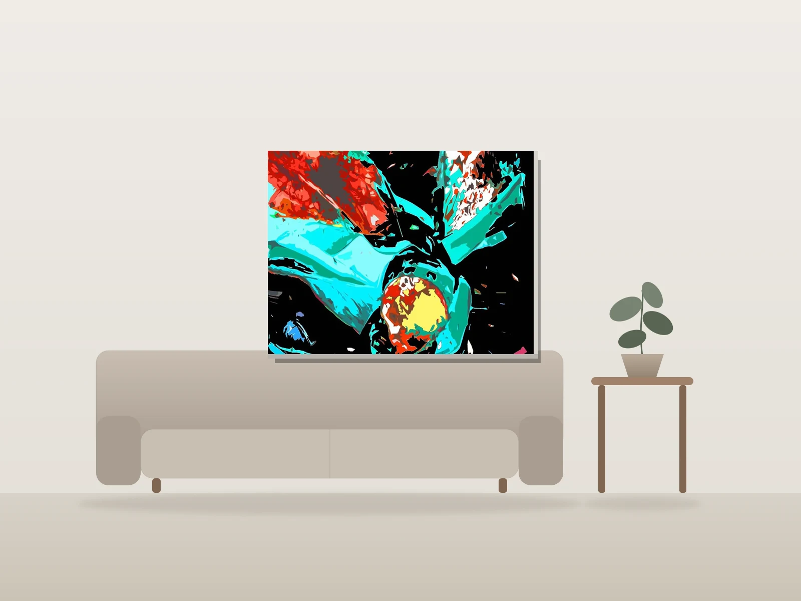 Composition abstraite en cyan et rouge par Thomas Faggioli Rawdon présentée à l'échelle dans une pièce