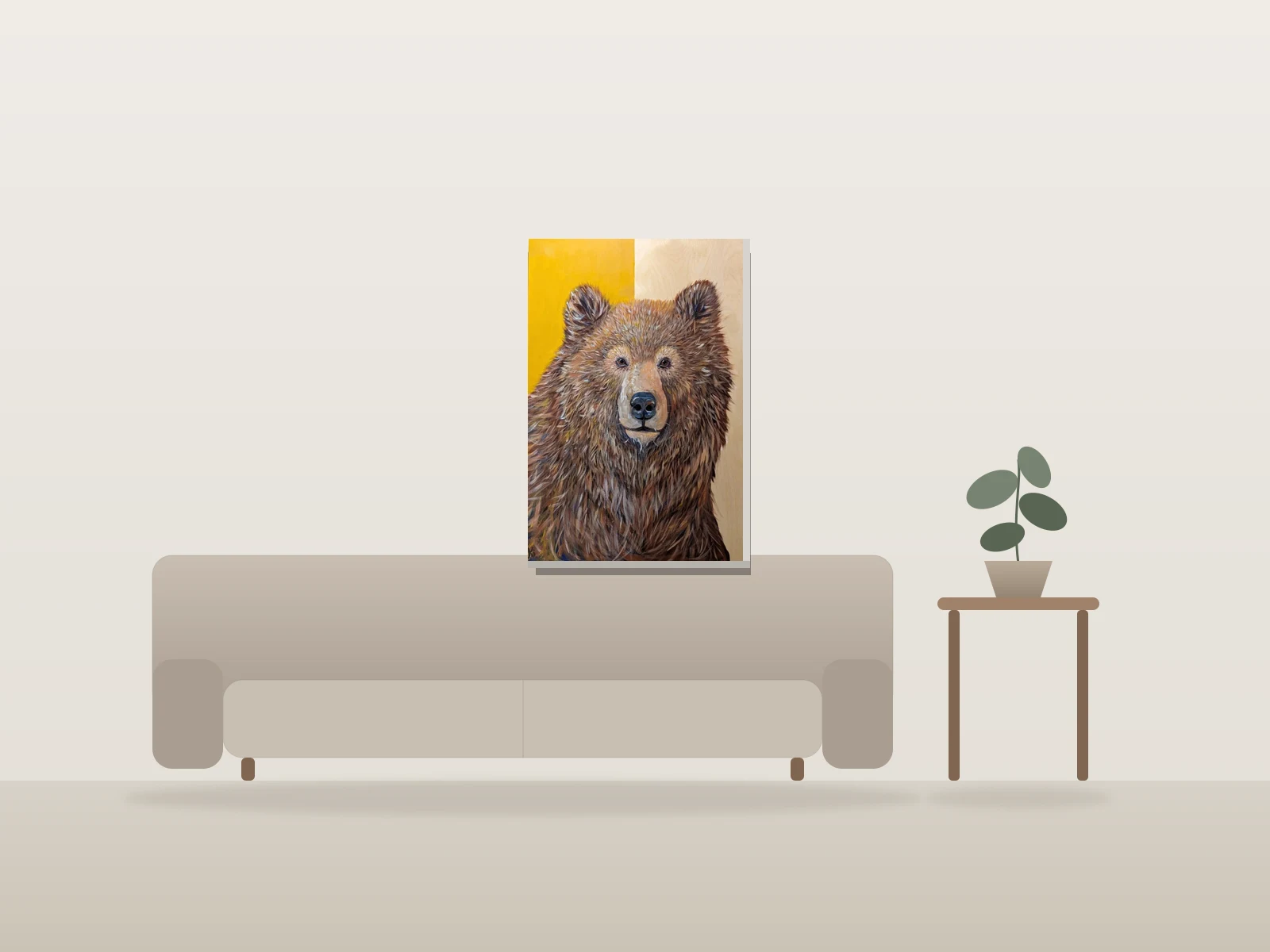 Portrait d'ours brun par Karly Ireland présentée à l'échelle dans une pièce