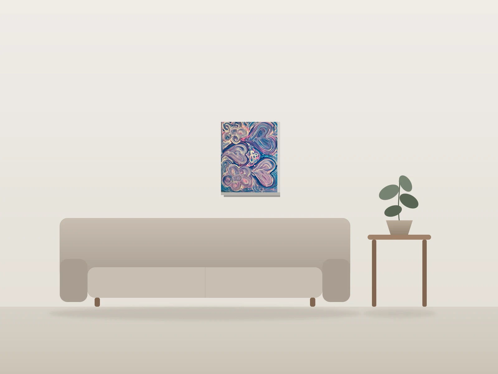 Fleurs et Cœurs Abstraits by Marie Patty shown to scale in a room