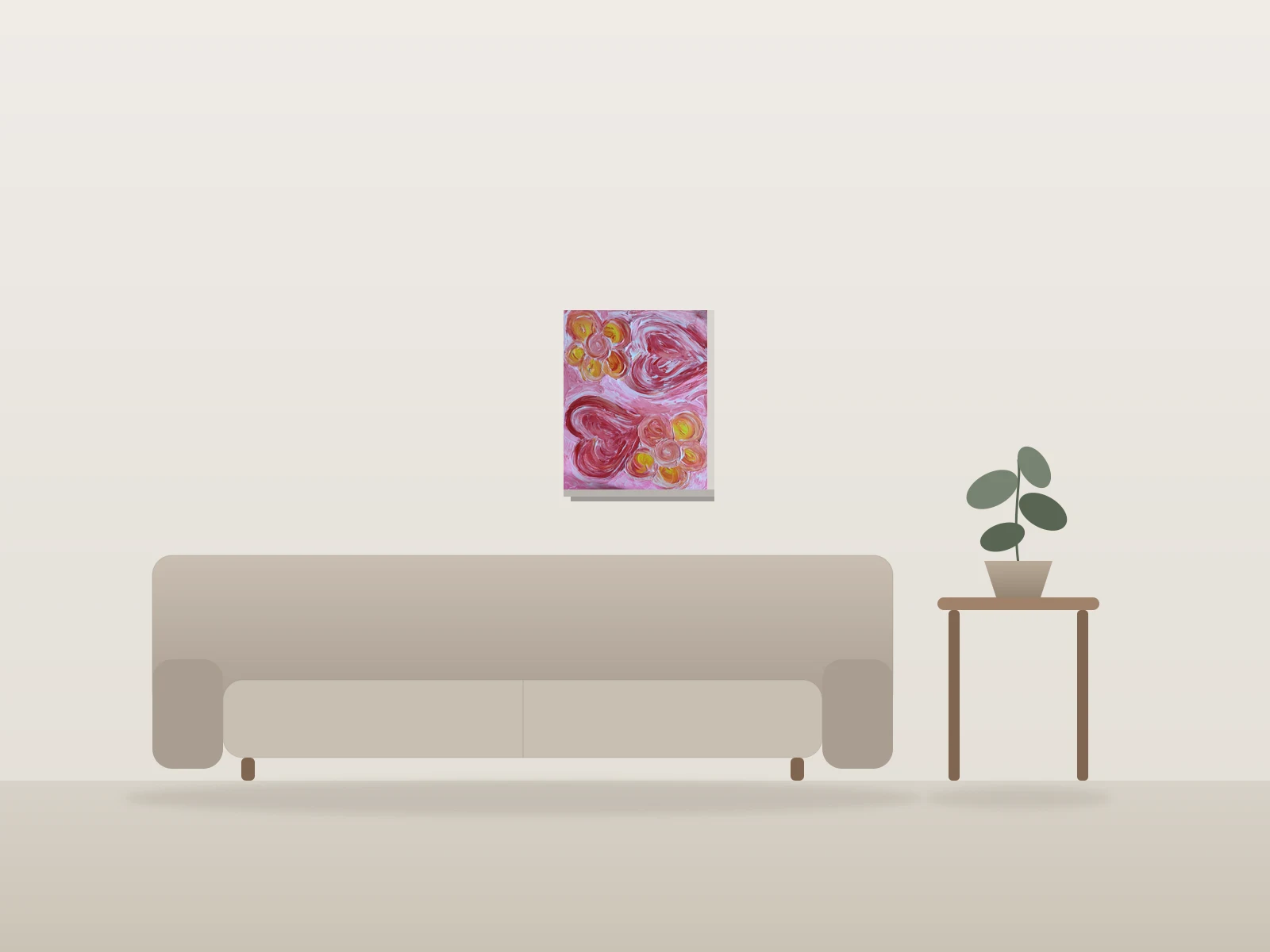 Fleurs et Cœurs Abstraits by Marie Patty shown to scale in a room