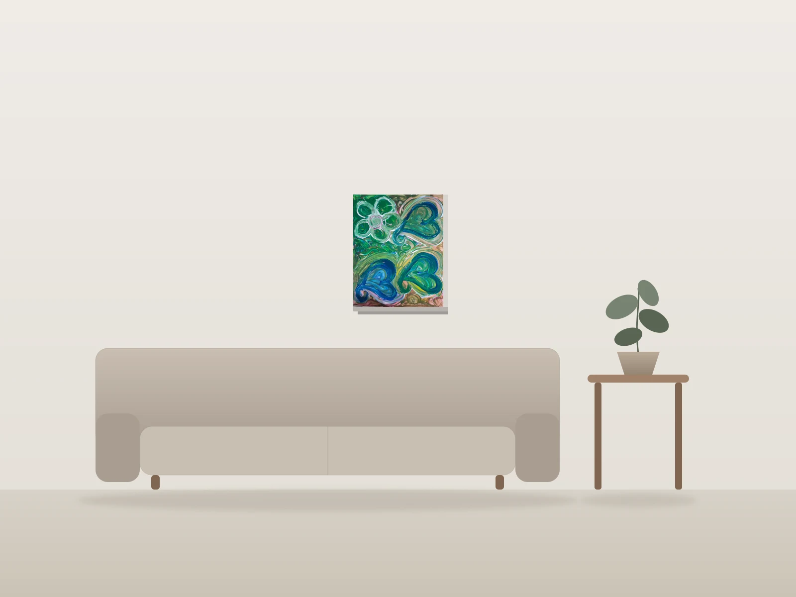 Fleur et cœurs verts by Marie Patty shown to scale in a room