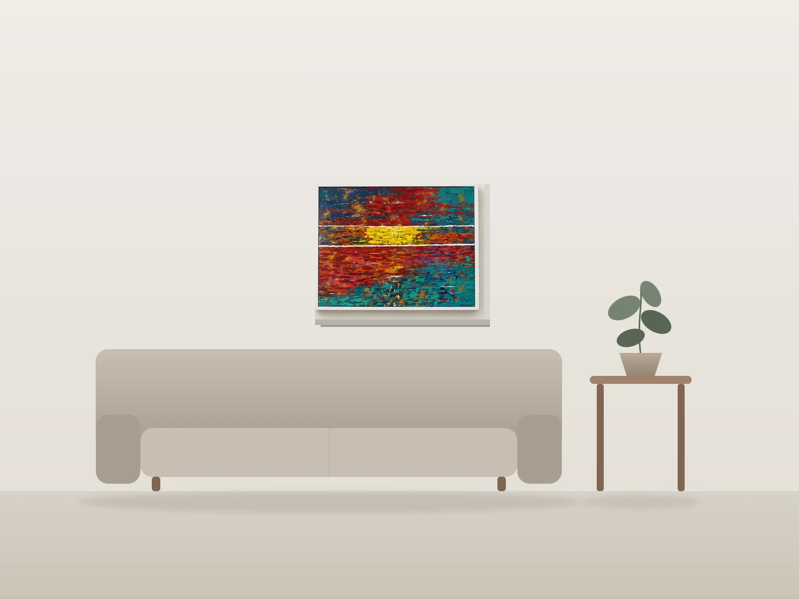 Horizon coloré abstrait par Colorful Artist présentée à l'échelle dans une pièce