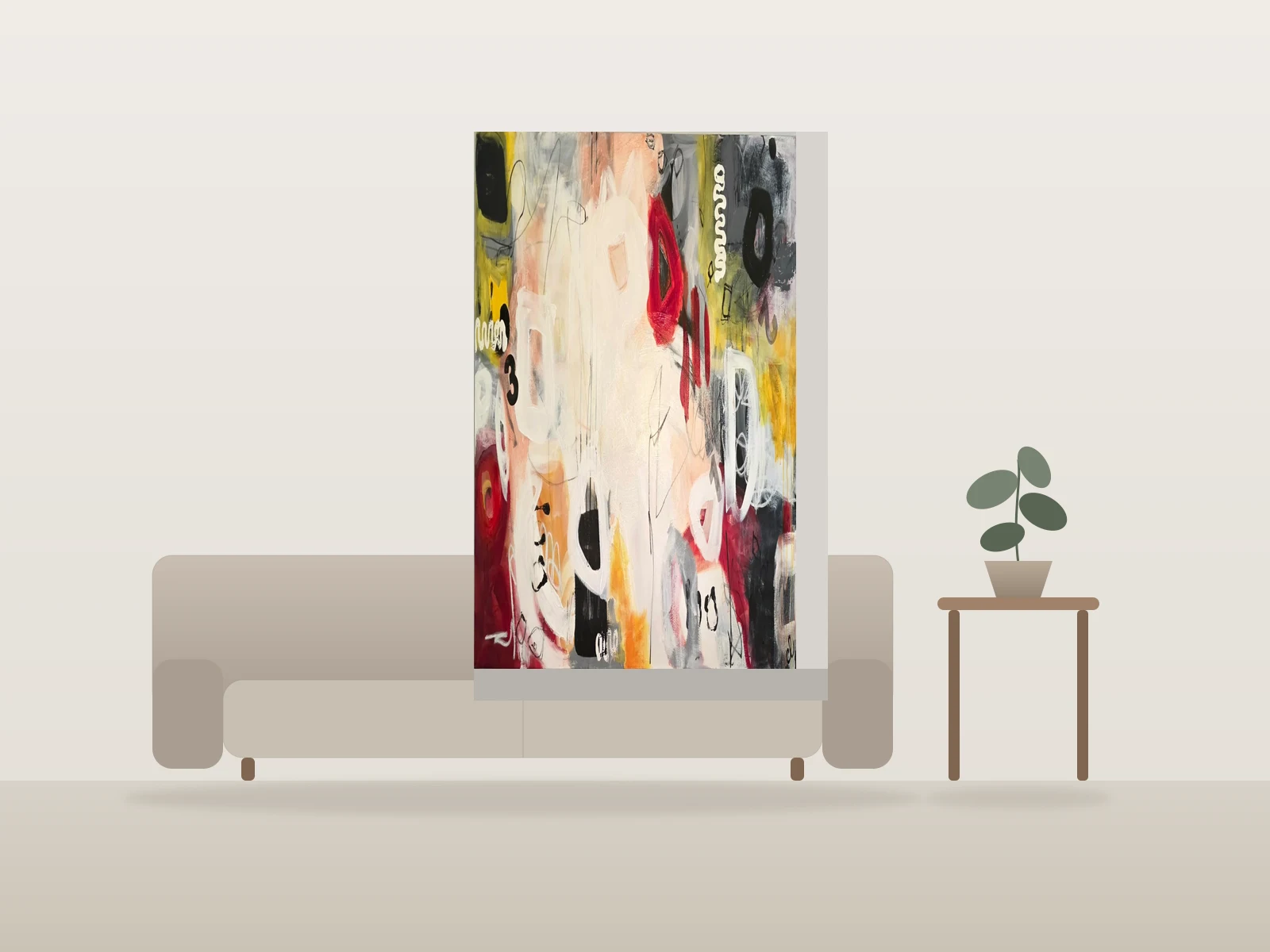 Composition abstraite aux formes et couleurs vives par Cheri Loeb Art présentée à l'échelle dans une pièce