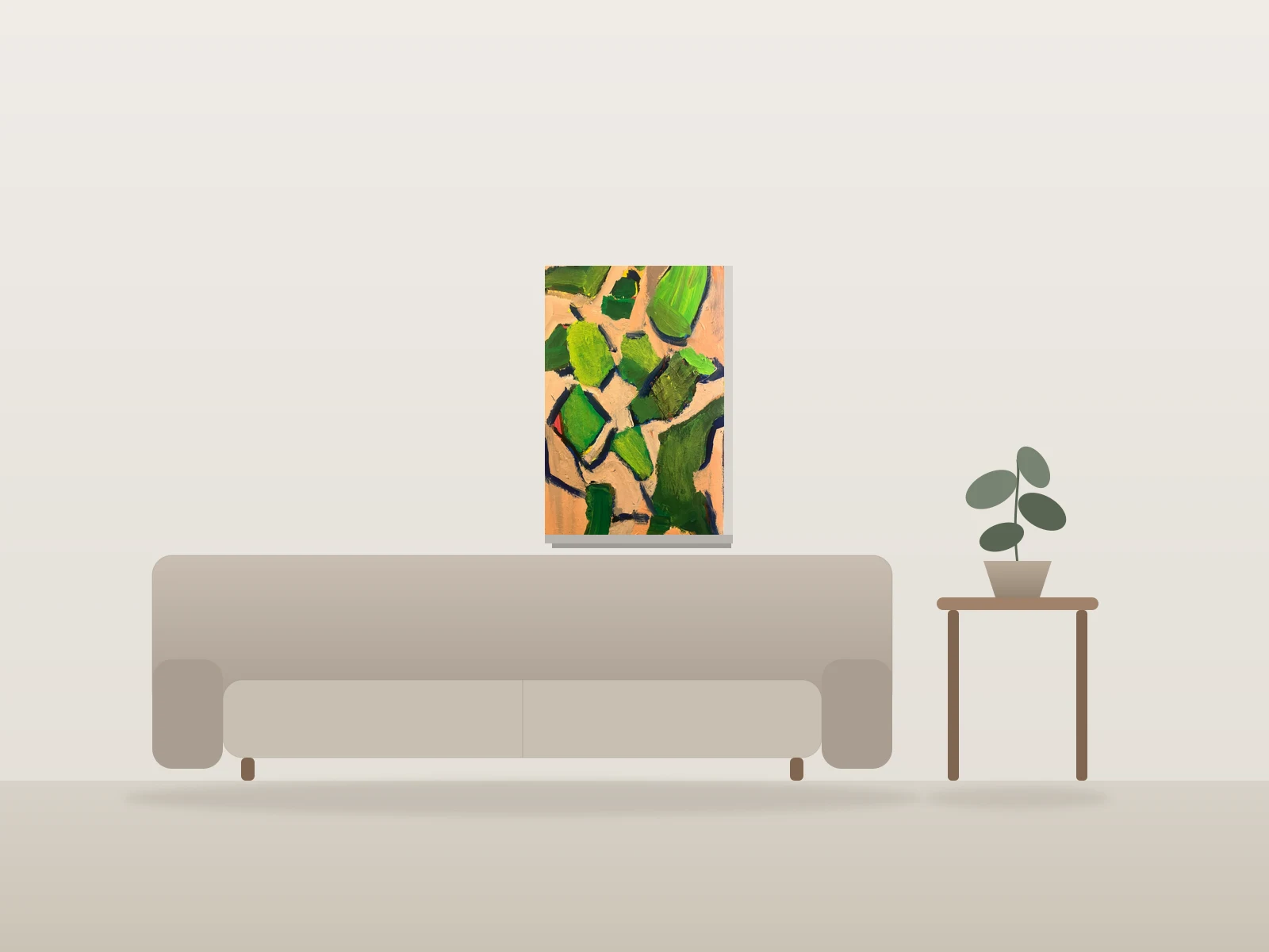 Formes Vertes Abstraites by Lulu Gibler Art shown to scale in a room