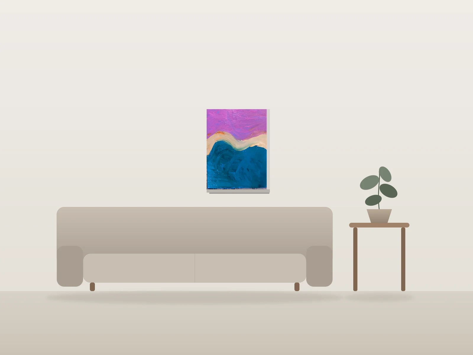 Paysage abstrait en bleu et violet par Lulu Gibler Art présentée à l'échelle dans une pièce