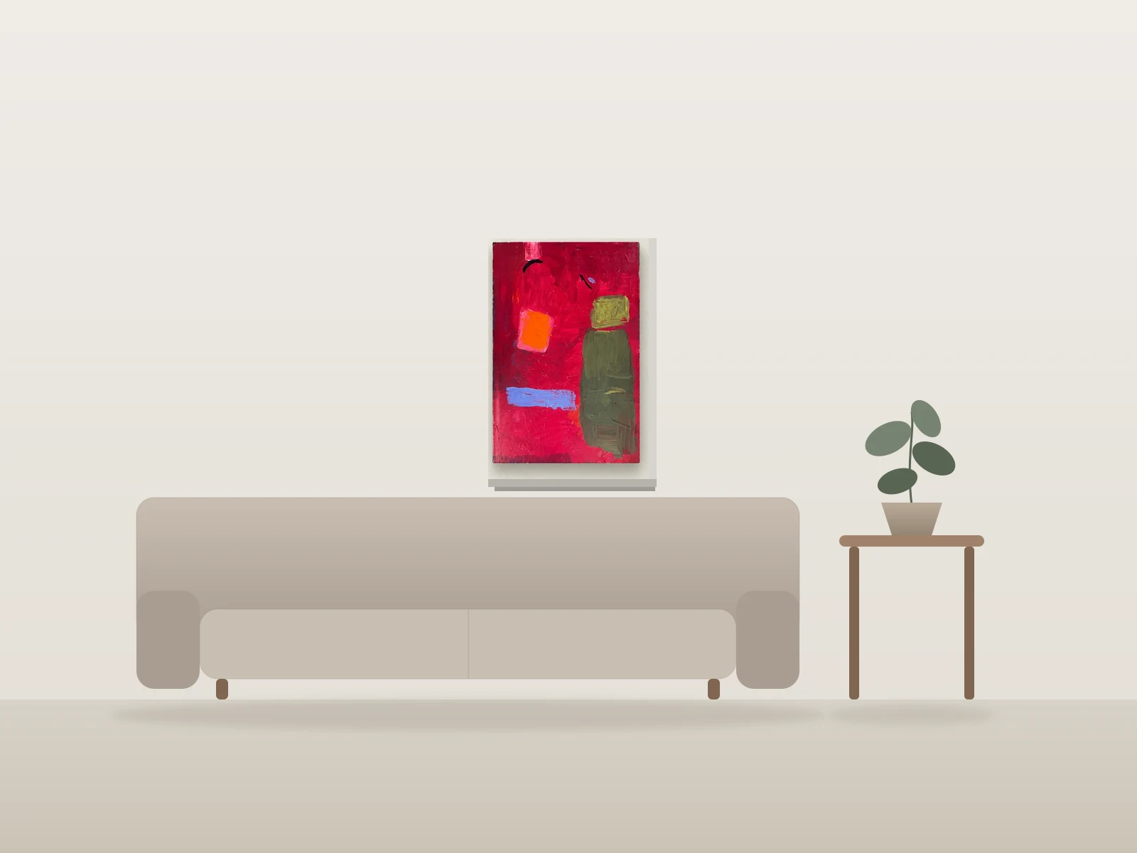 Composition abstraite rouge et formes par Lulu Gibler Art présentée à l'échelle dans une pièce