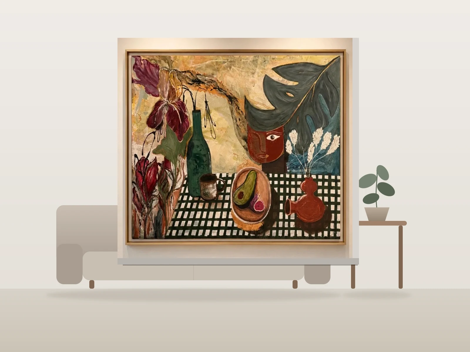 Nature morte avec visage et feuilles par Mel Almada présentée à l'échelle dans une pièce