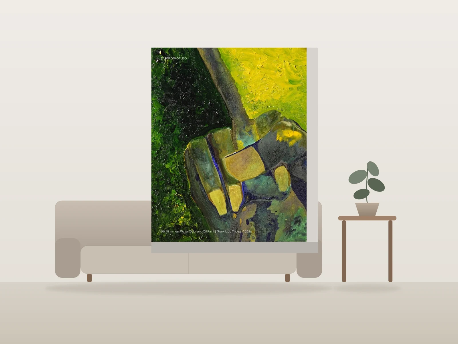 Main Stylisée en Vert et Jaune by Samantha Regan shown to scale in a room