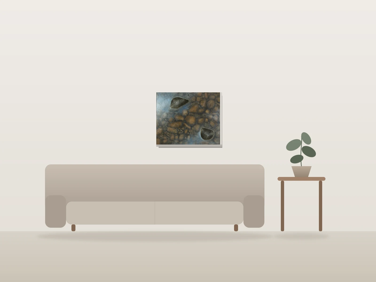 L'eau regarde le ciel by Gilles Gagné shown to scale in a room