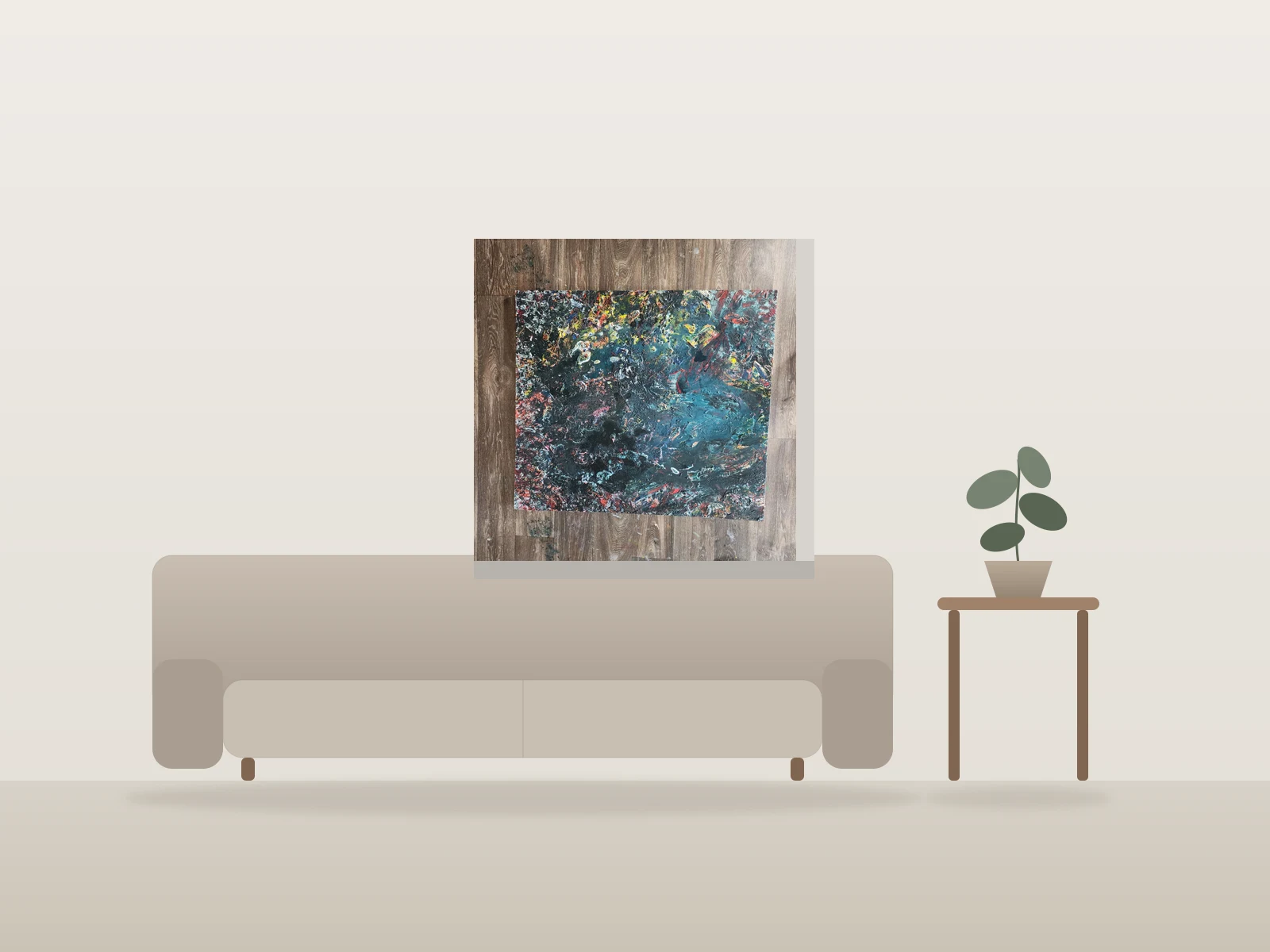 La vie est alchimie by vy shown to scale in a room