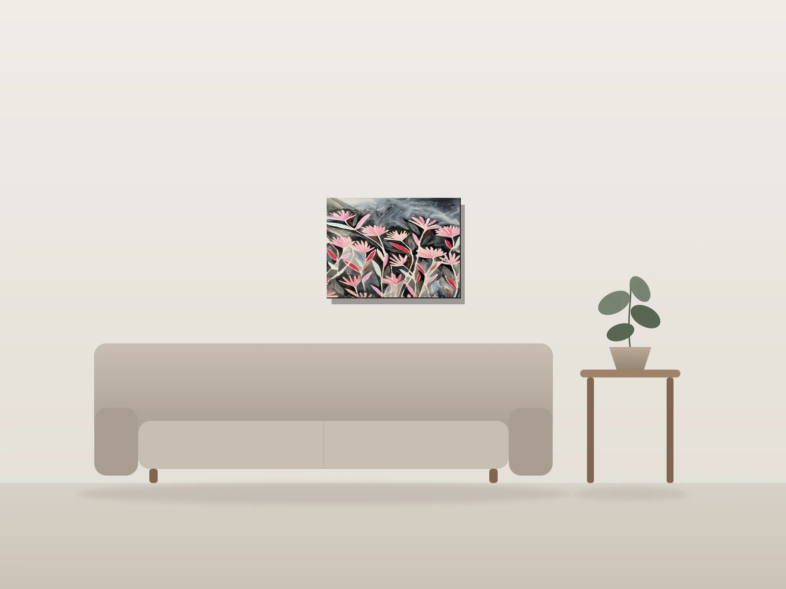 Fleurs roses stylisées by Floriana shown to scale in a room