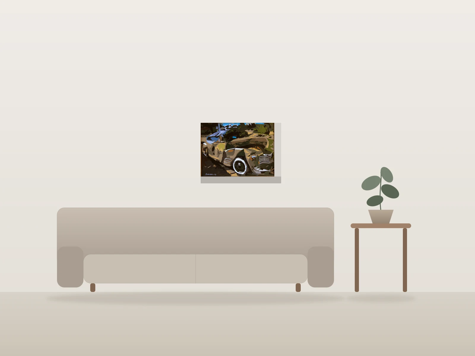 Voiture ancienne stylisée par Thomas Faggioli Rawdon présentée à l'échelle dans une pièce