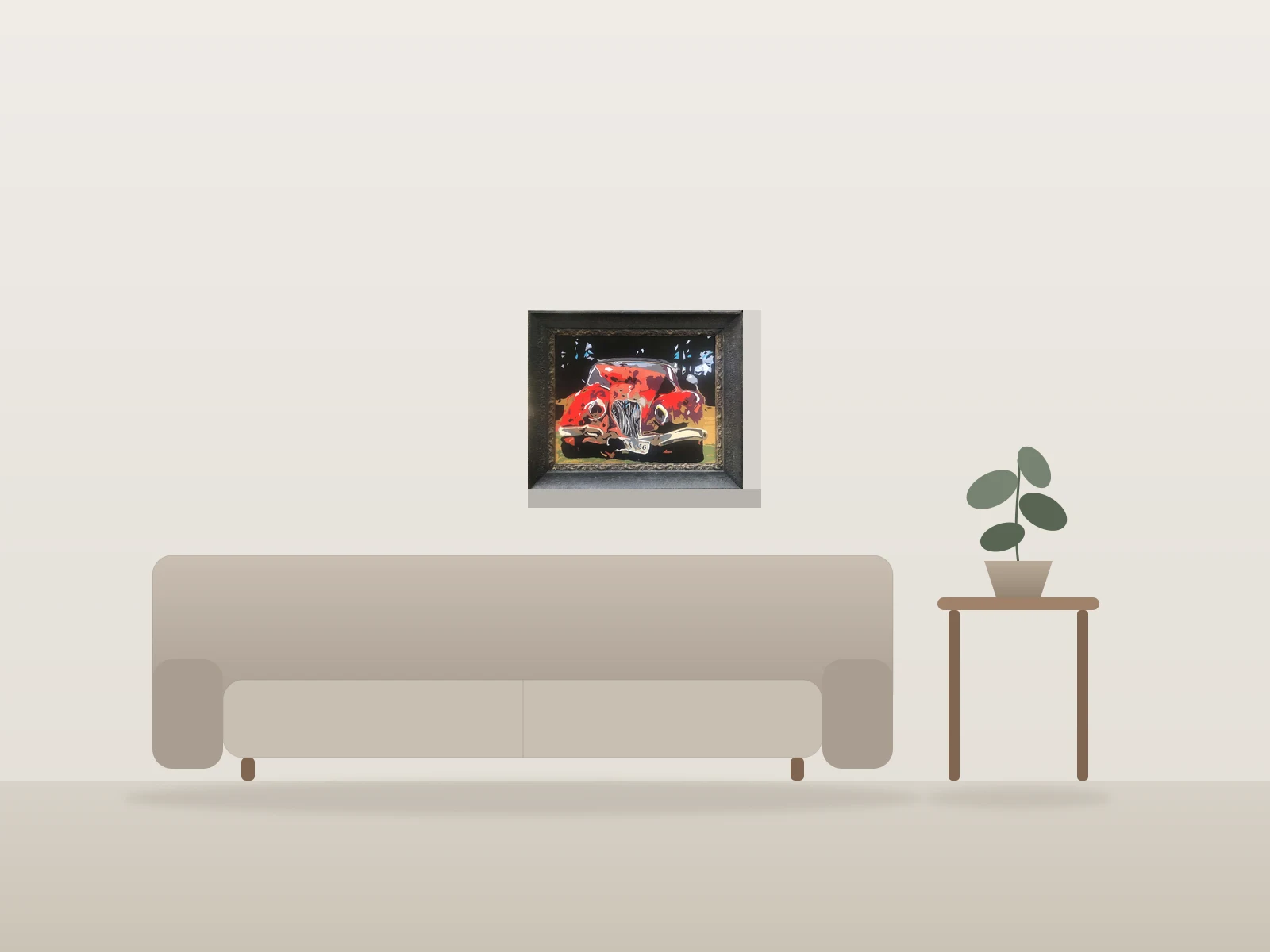 Voiture ancienne rouge par Thomas Faggioli Rawdon présentée à l'échelle dans une pièce
