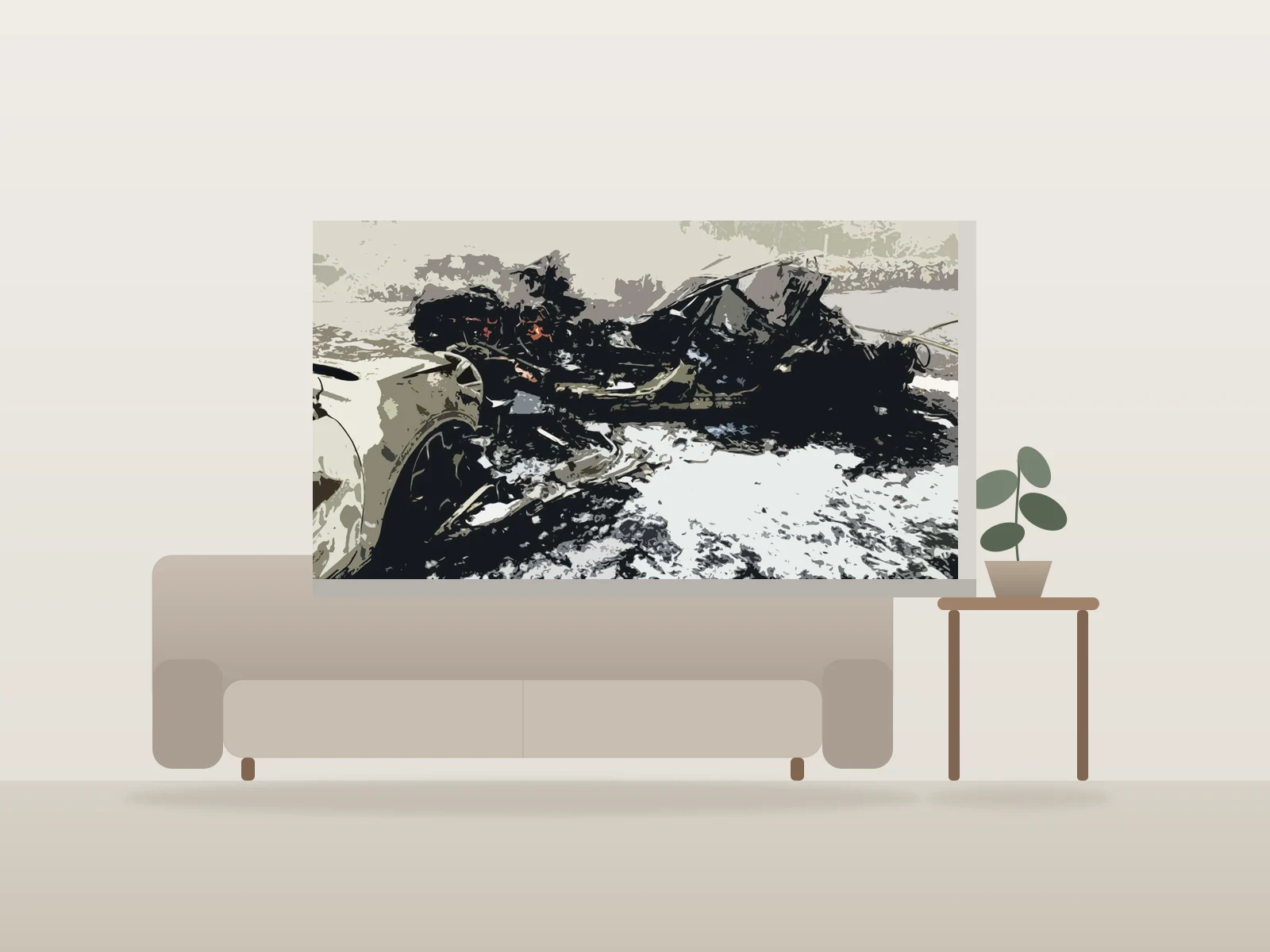 Composition abstraite urbaine par Thomas Faggioli Rawdon présentée à l'échelle dans une pièce