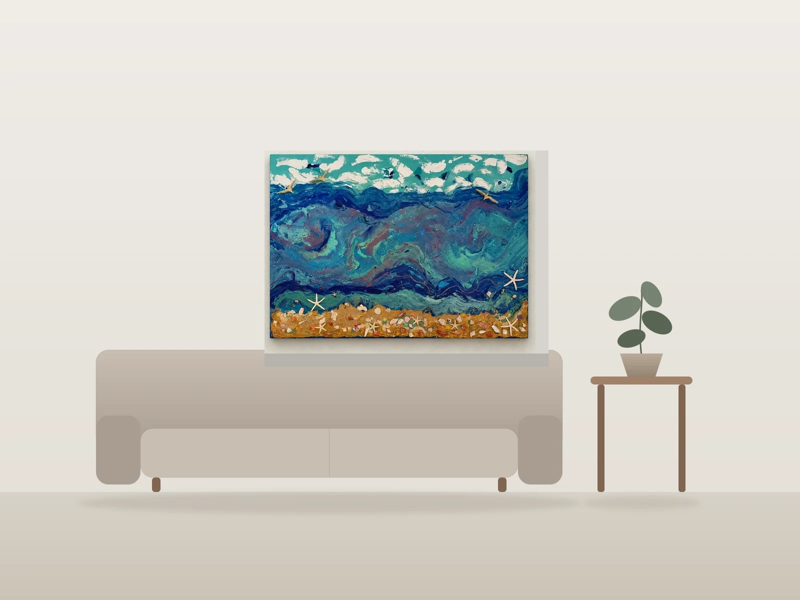 Paysage marin texturé par Colorful Artist présentée à l'échelle dans une pièce