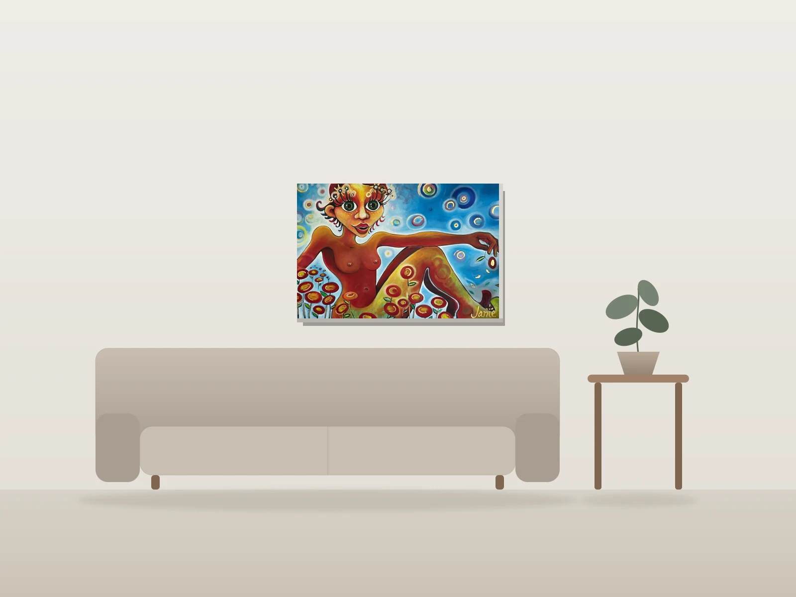 Femme aux fleurs by Janie shown to scale in a room