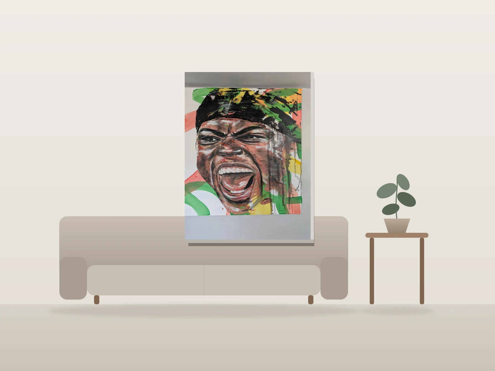 Visage en Cri by Liffin shown to scale in a room