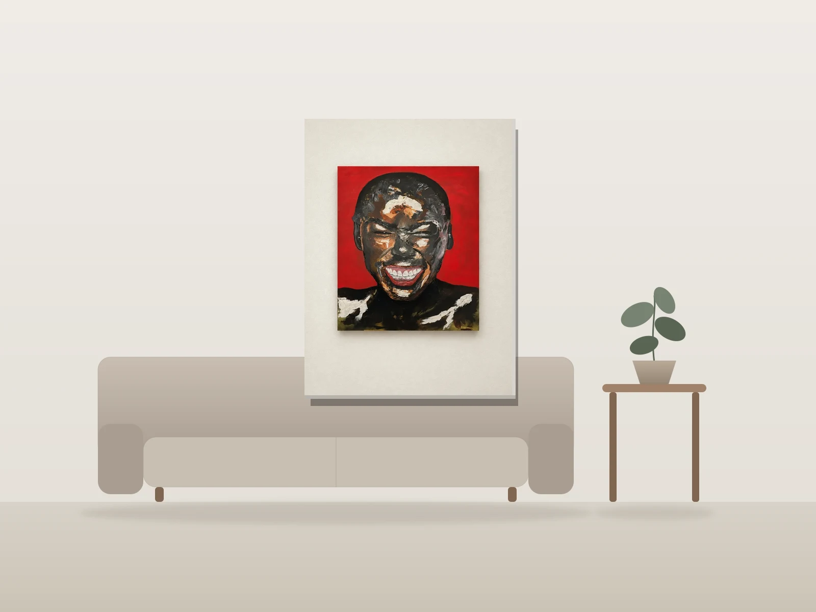 Portrait au sourire éclatant by Liffin shown to scale in a room