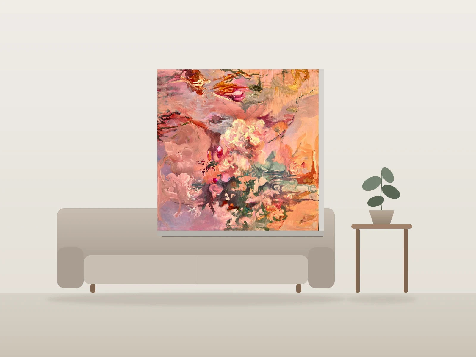 Abstraction florale rose by Julia Hacker shown to scale in a room