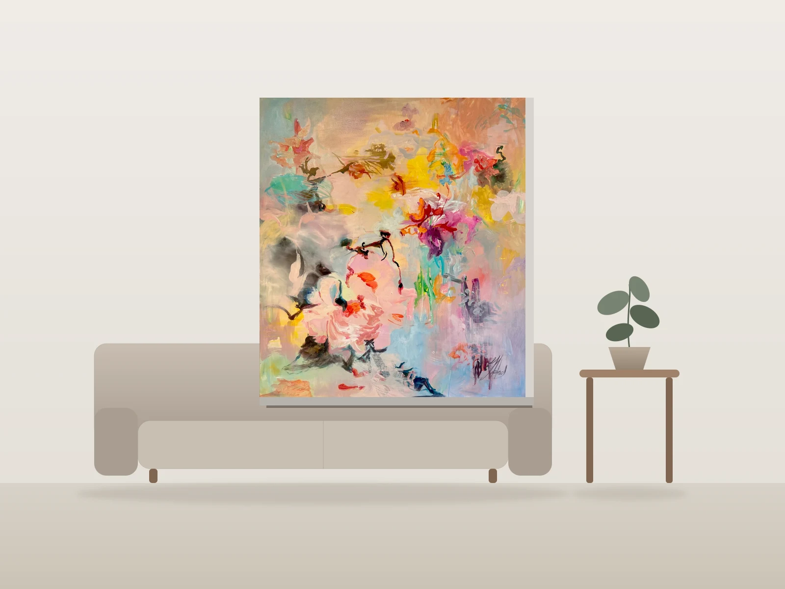 Abstraction florale rose by Julia Hacker shown to scale in a room