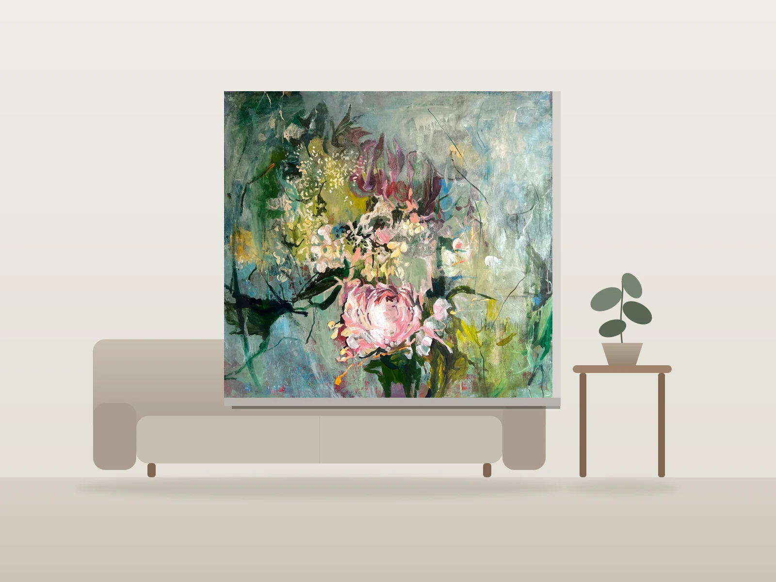 Bouquet abstrait by Julia Hacker shown to scale in a room