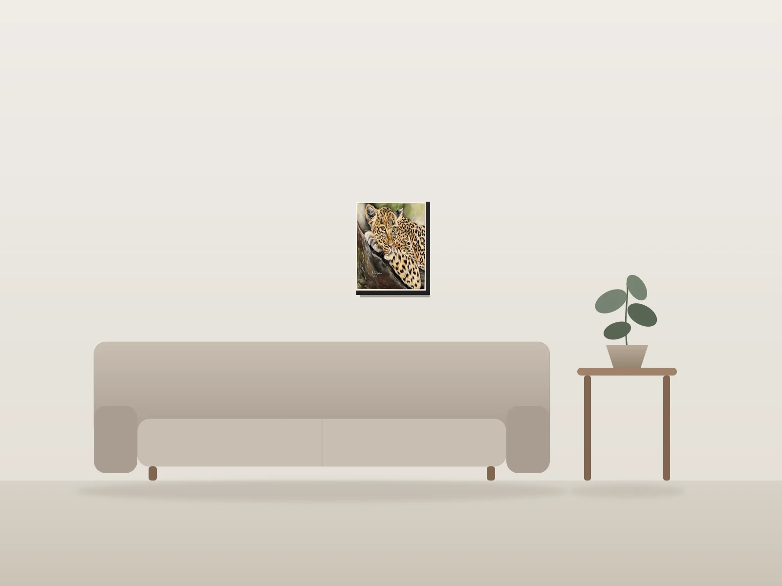 Léopard au Repos by RD Bajwa shown to scale in a room