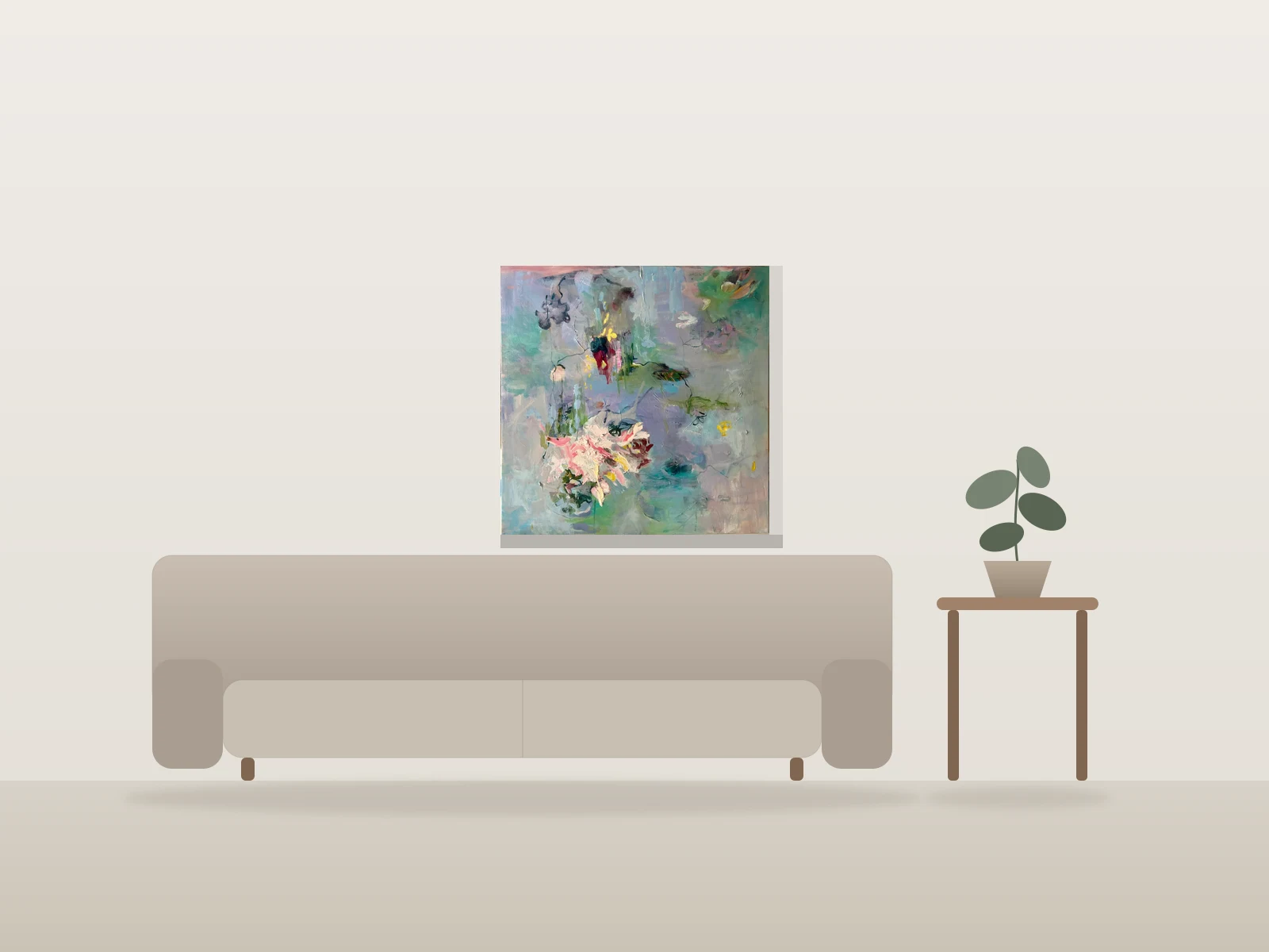 Fleurs Abstraites Pastel by Julia Hacker shown to scale in a room
