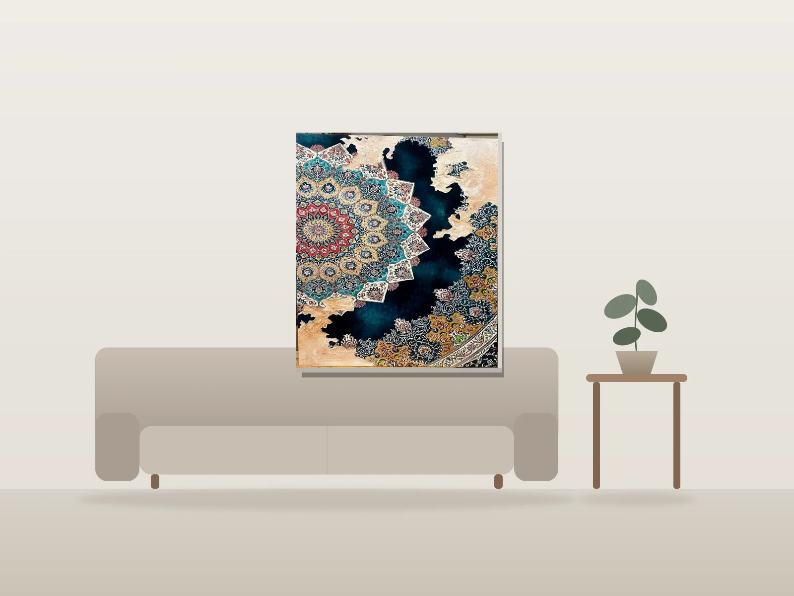 The Antique Carpet par Pooneh présentée à l'échelle dans une pièce