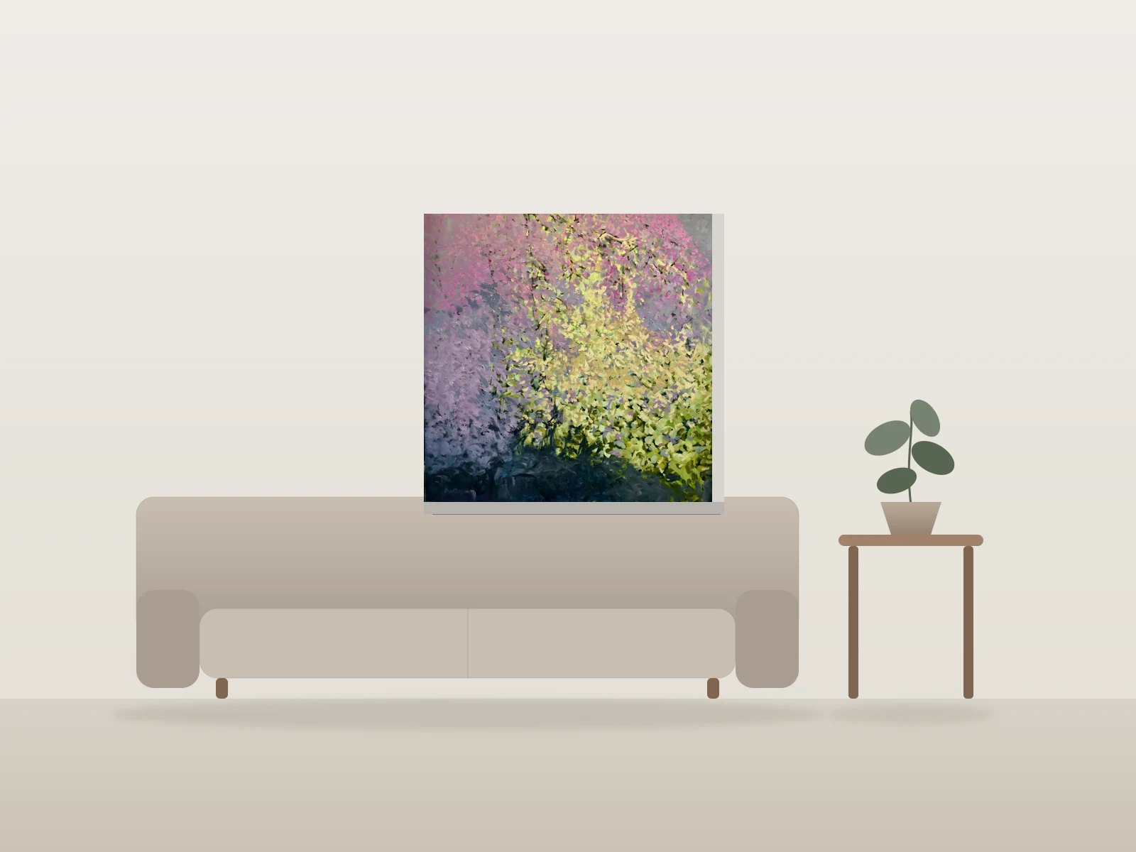Forsythia by Marilyn J Fox shown to scale in a room