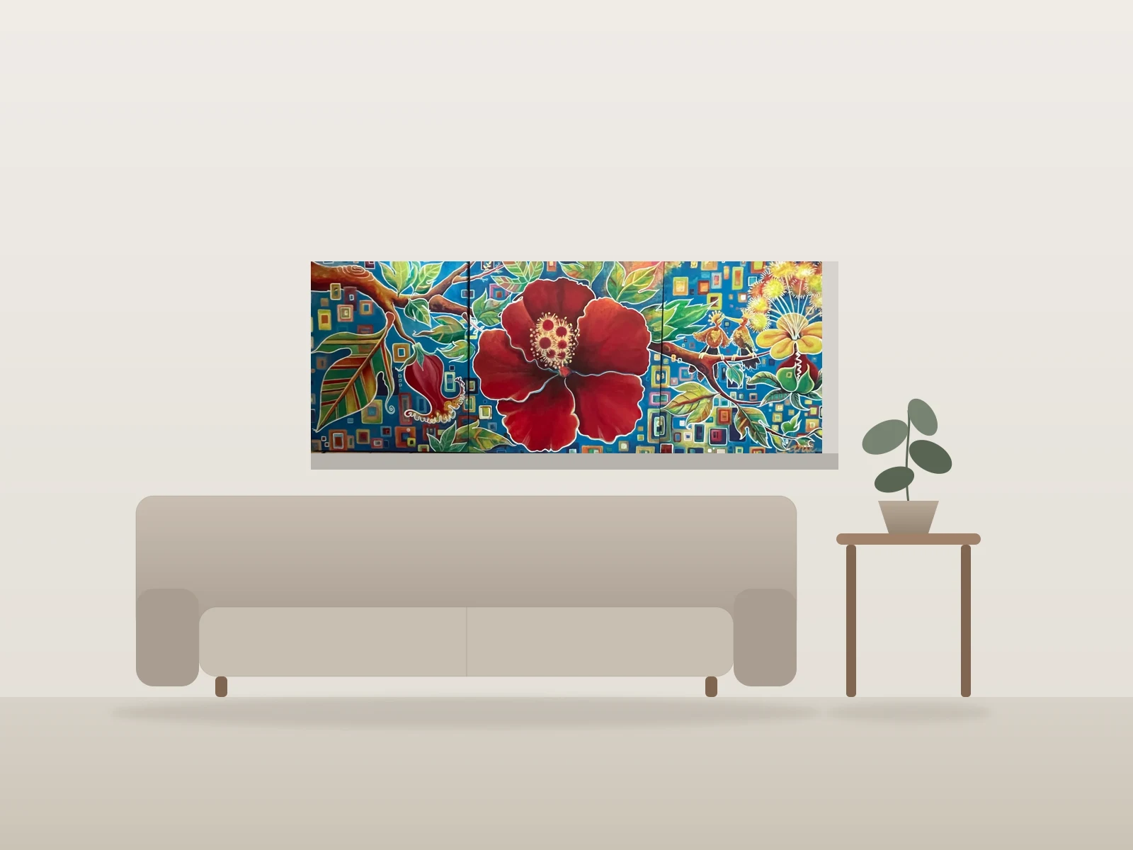 Fleur rouge et oiseaux par Janie présentée à l'échelle dans une pièce