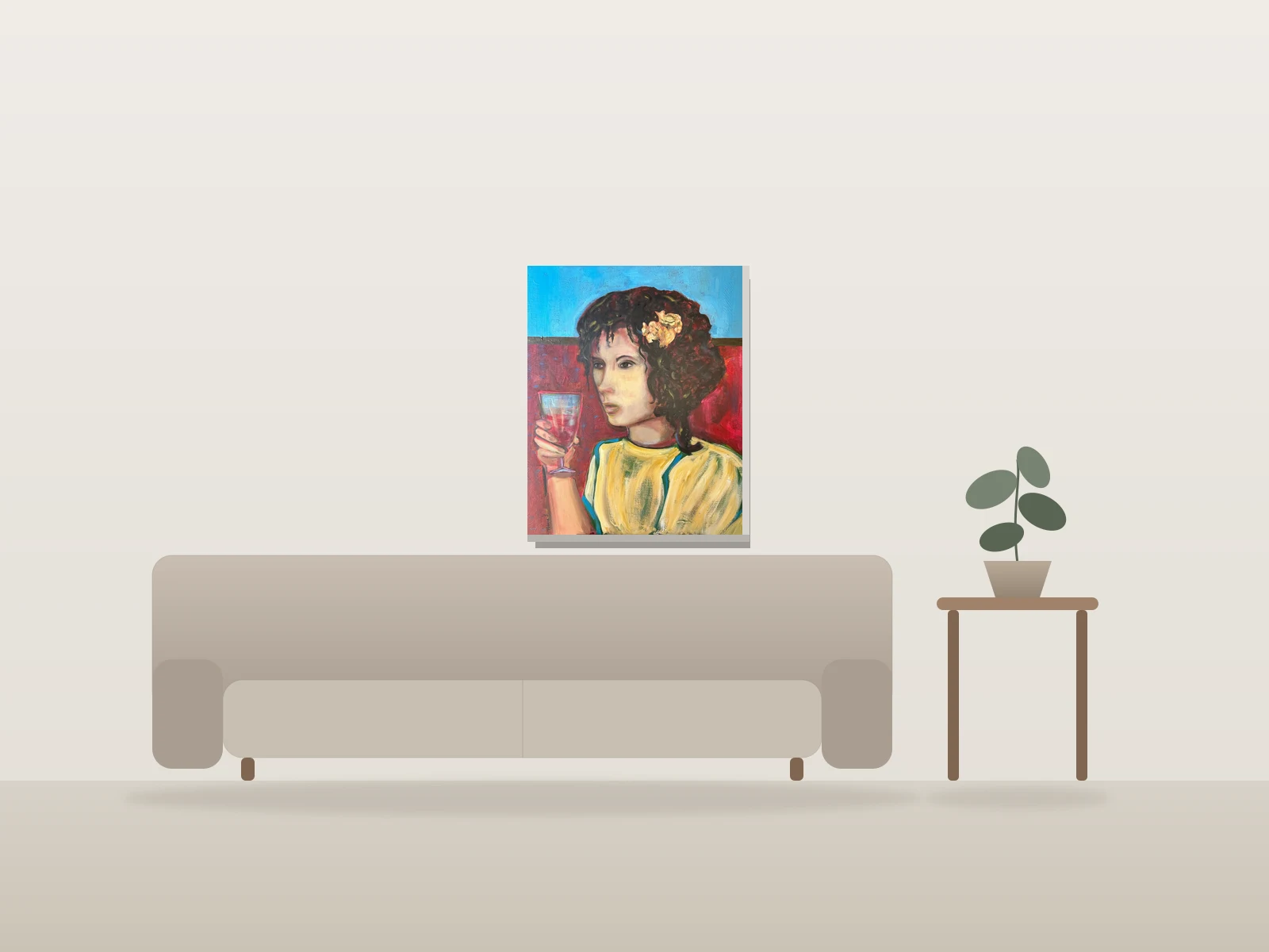 Femme au verre par Marie Langlois présentée à l'échelle dans une pièce