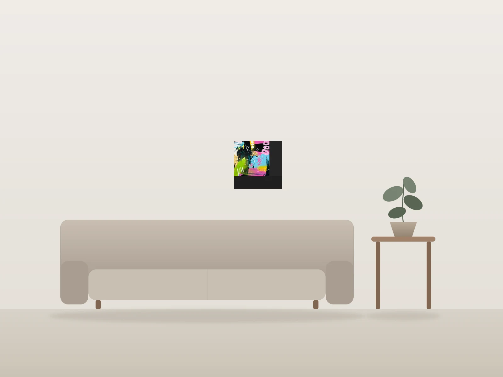Composition colorée et texturée par Cheri Loeb Art présentée à l'échelle dans une pièce