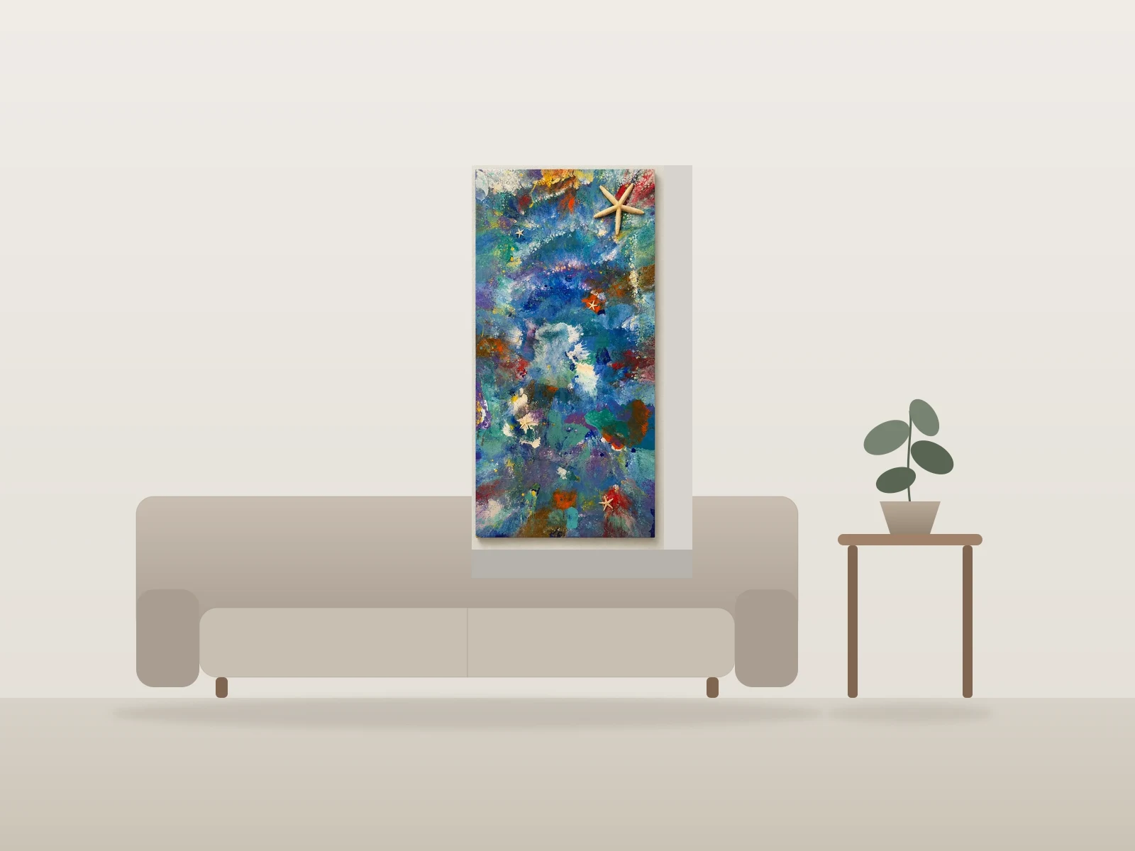 Océan Abstrait avec Étoiles de Mer par Colorful Artist présentée à l'échelle dans une pièce