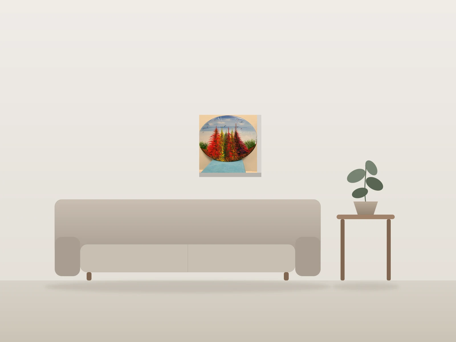 Forêt colorée en cercle by Colorful Artist shown to scale in a room