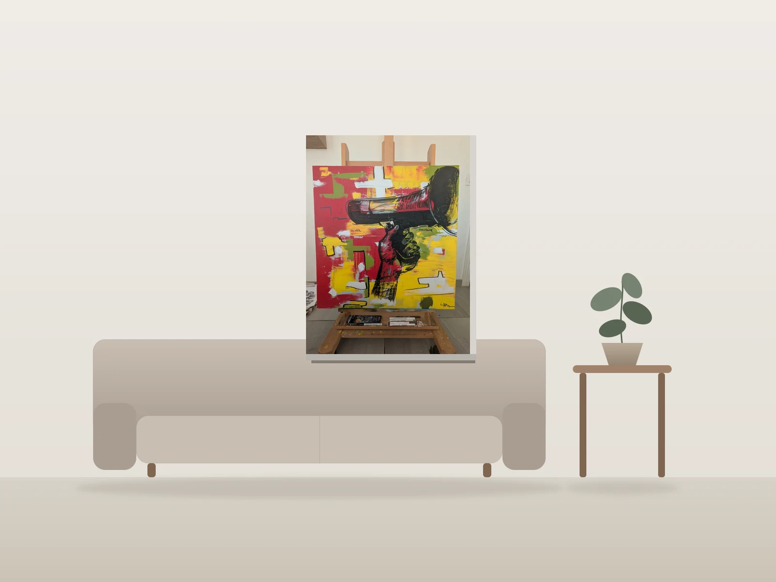 Main tenant un mégaphone by Liffin shown to scale in a room