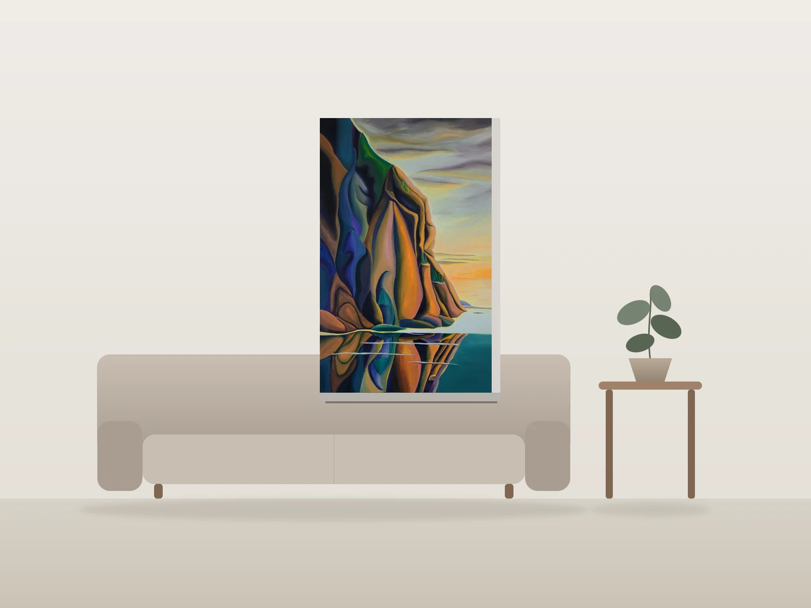 Falaise au reflet par Cheryl-Ann Hills - Art in the Wilderness présentée à l'échelle dans une pièce