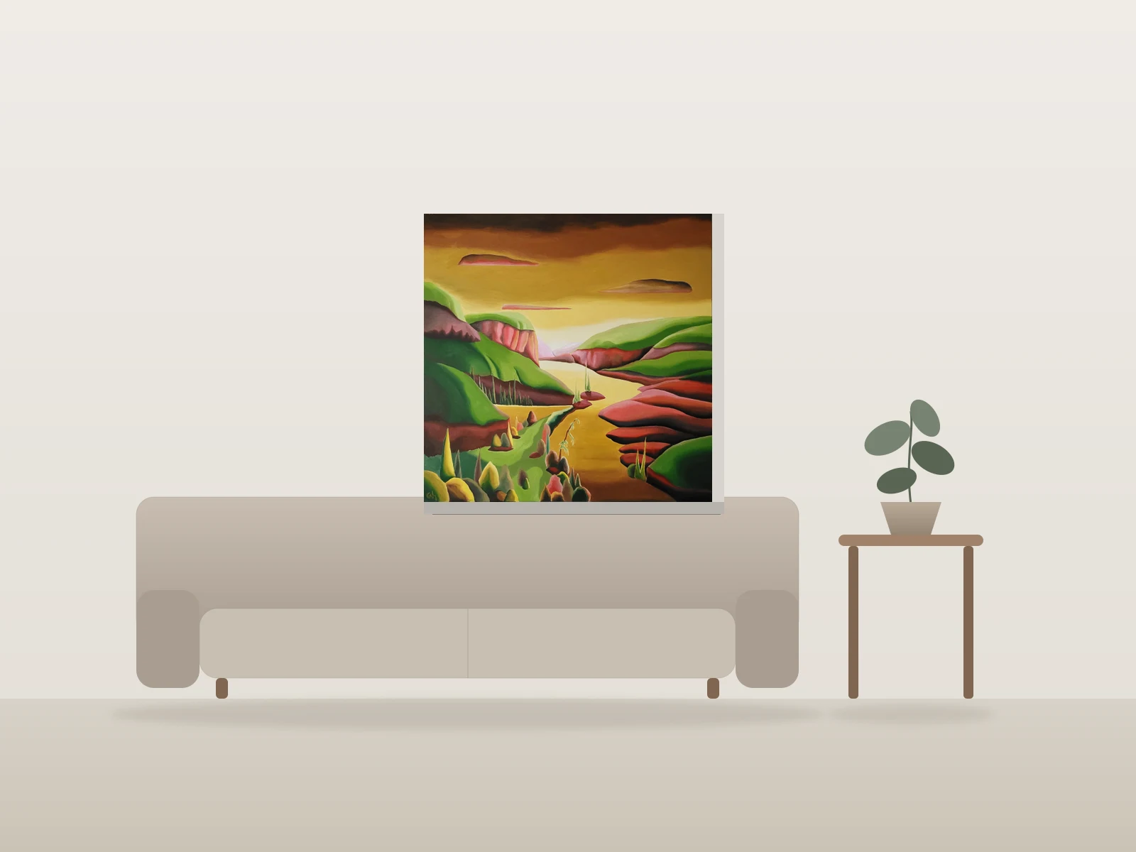 Paysage aux collines colorées par Cheryl-Ann Hills - Art in the Wilderness présentée à l'échelle dans une pièce
